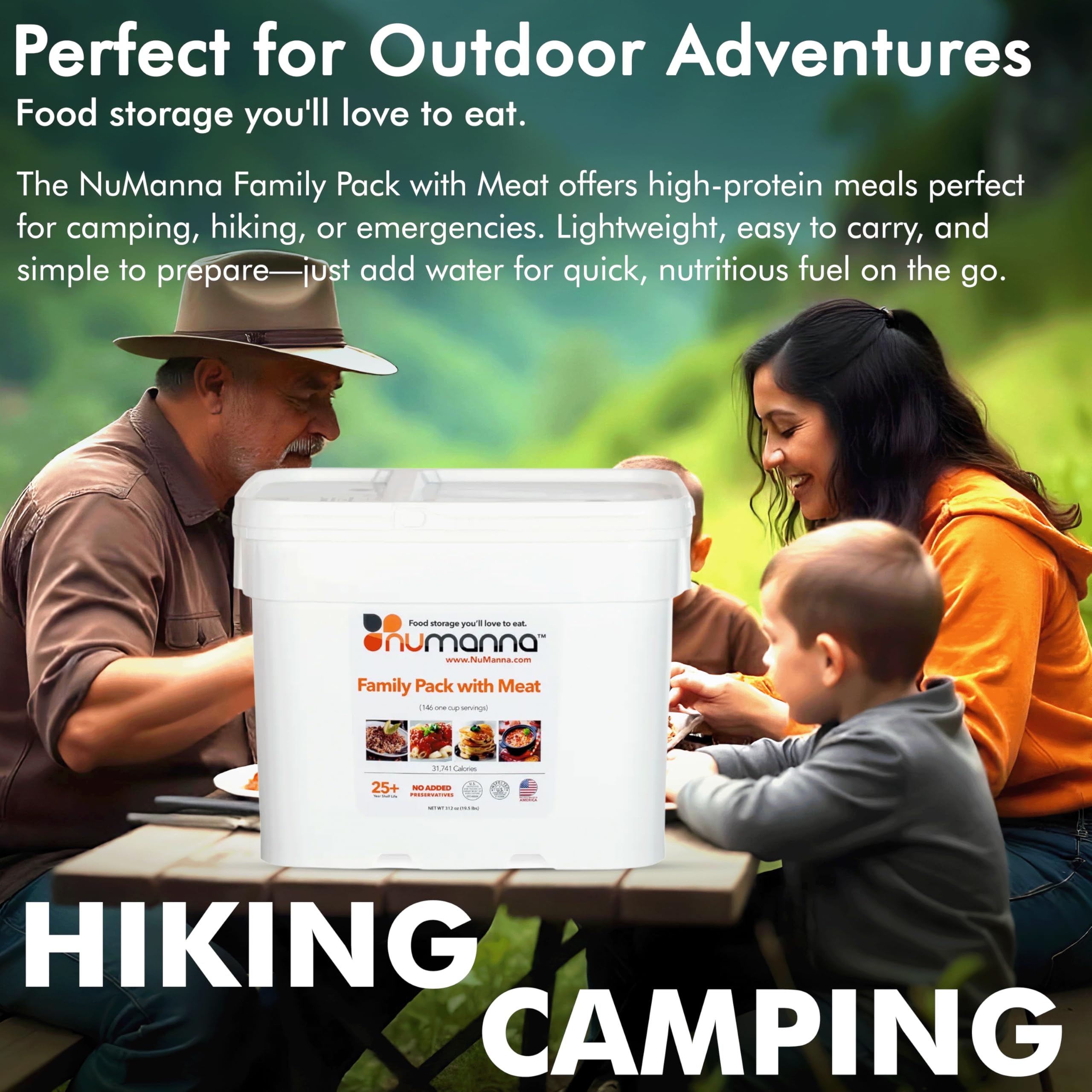 Numanna Family Pack with Meat Bucket - 146 Servings Emergency Food | Made in USA | No Preservatives | 25+ Year Shelf Life | 31,741 Calories | Easy to Prepare | Survival & Camping Food for Outdoor Adventures