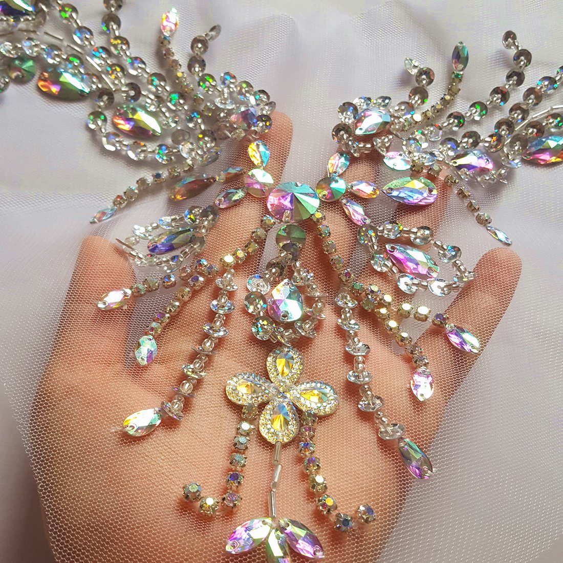 Sparkle Beaded V-Neck AB Crystal Rhinestone Bridal Applique Patch - 12x15 Inch Sew-on Embellishment for Wedding Dresses, Prom Gowns & DIY Craft Projects - Perfect for Neckline Decoration and Costume Design