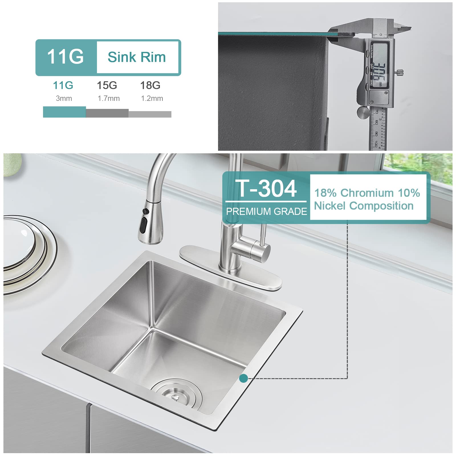 18 Inch Undermount Bar Sink - KINKIB 18x18x9 Inch Stainless Steel Single Bowl Prep Sink, T-304 Handmade Small Kitchen Sink with Strainer - Perfect for Wet Bars, Coffee Stations & Compact Kitchens
