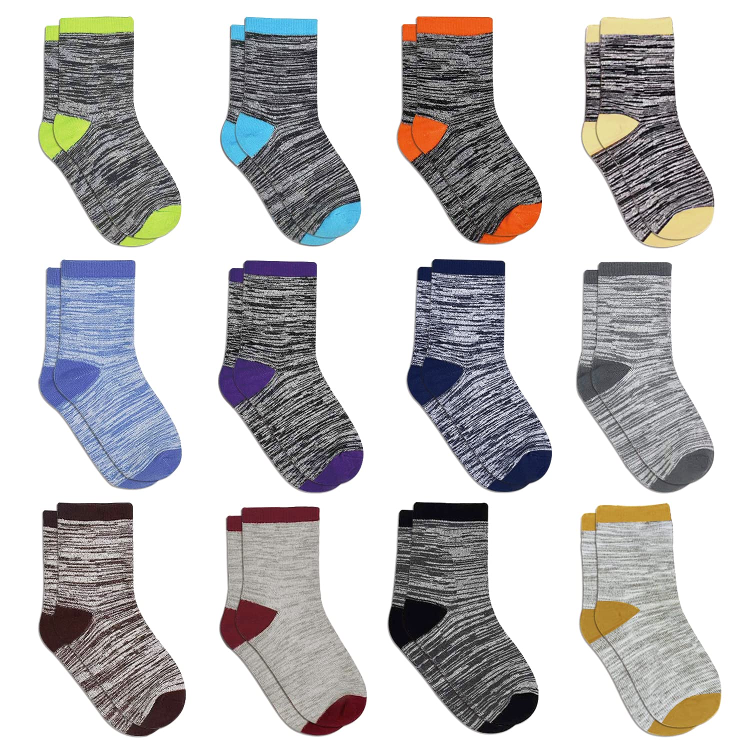 12 Pairs Boys Girls Athletic Crew Socks - Mid Calf Sports Socks for Toddler & Youth - Half Cushioned Ankle Socks for School, Running, Basketball & Daily Wear