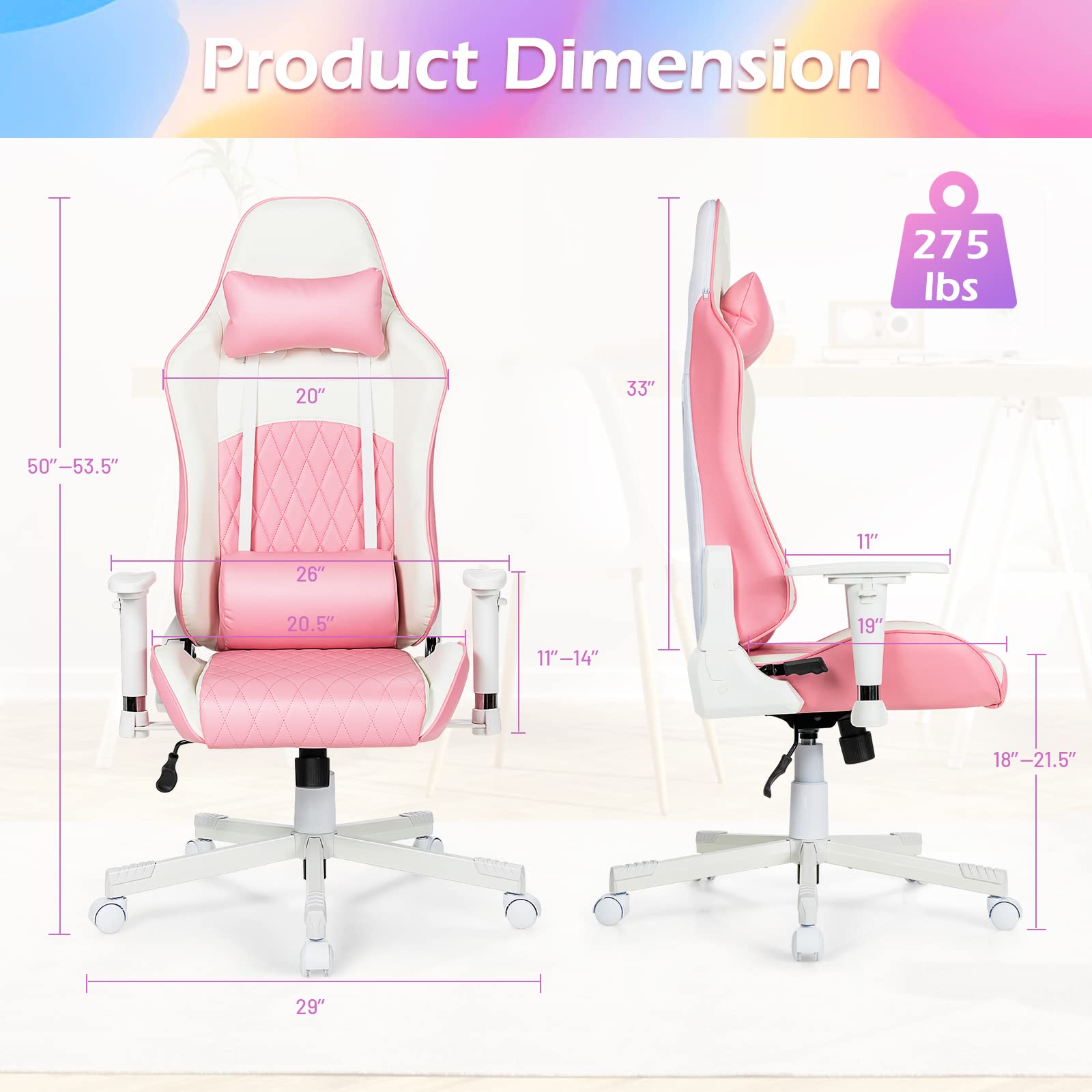 Powerstone Ergonomic Massage Gaming Chair - Adjustable Armrest, High Back Swivel Racing Style Office Chair with Premium PU Leather (Pink/White) - Perfect for PC Gaming, Home Office & Esports Setup