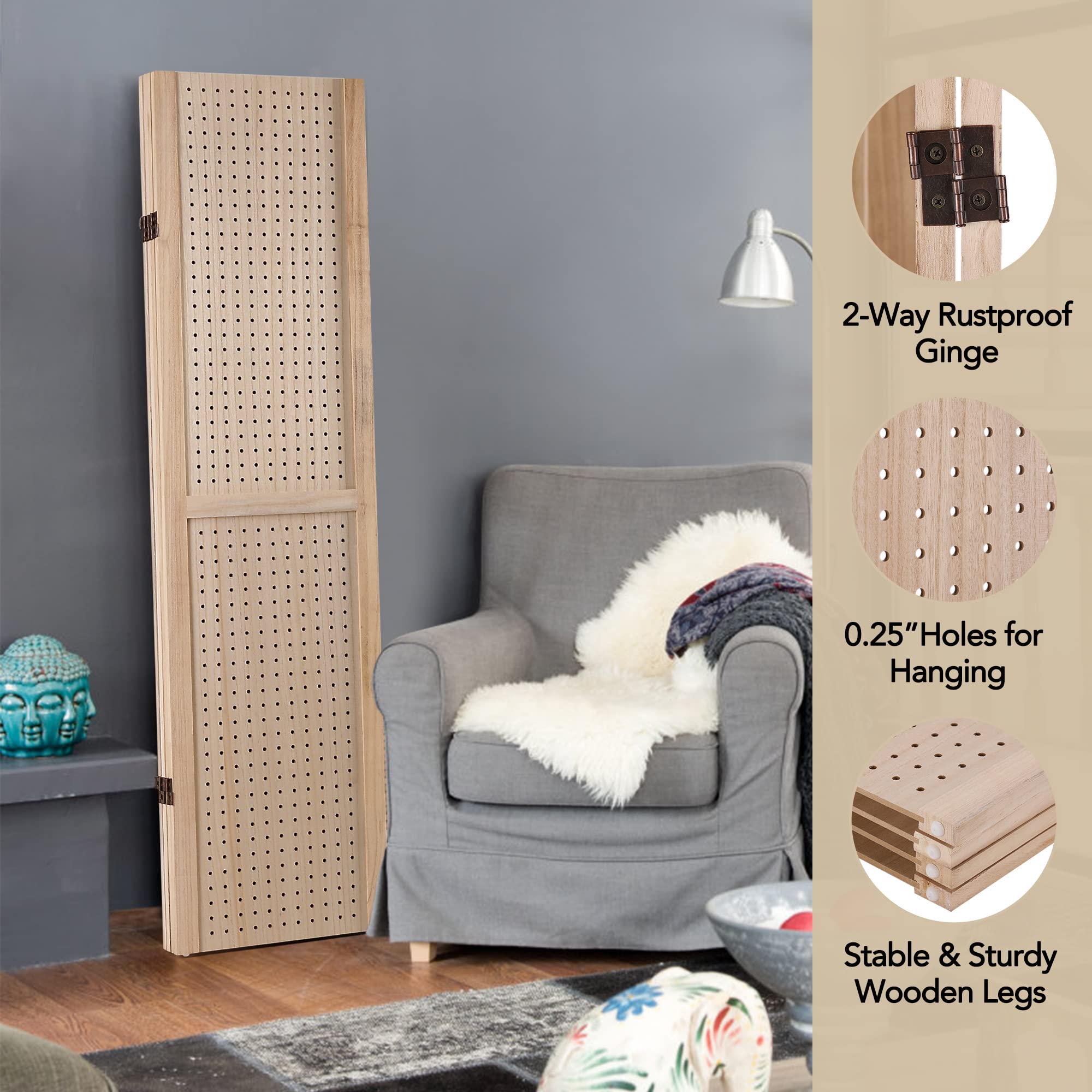 Wnutrees 5 Ft Wooden Folding Privacy Screen & Pegboard Display - 4 Panel Room Divider for Jewelry, Craft & Retail Shows | Wall Organizer for Events, Trade Shows & Home Office (Natural Finish)