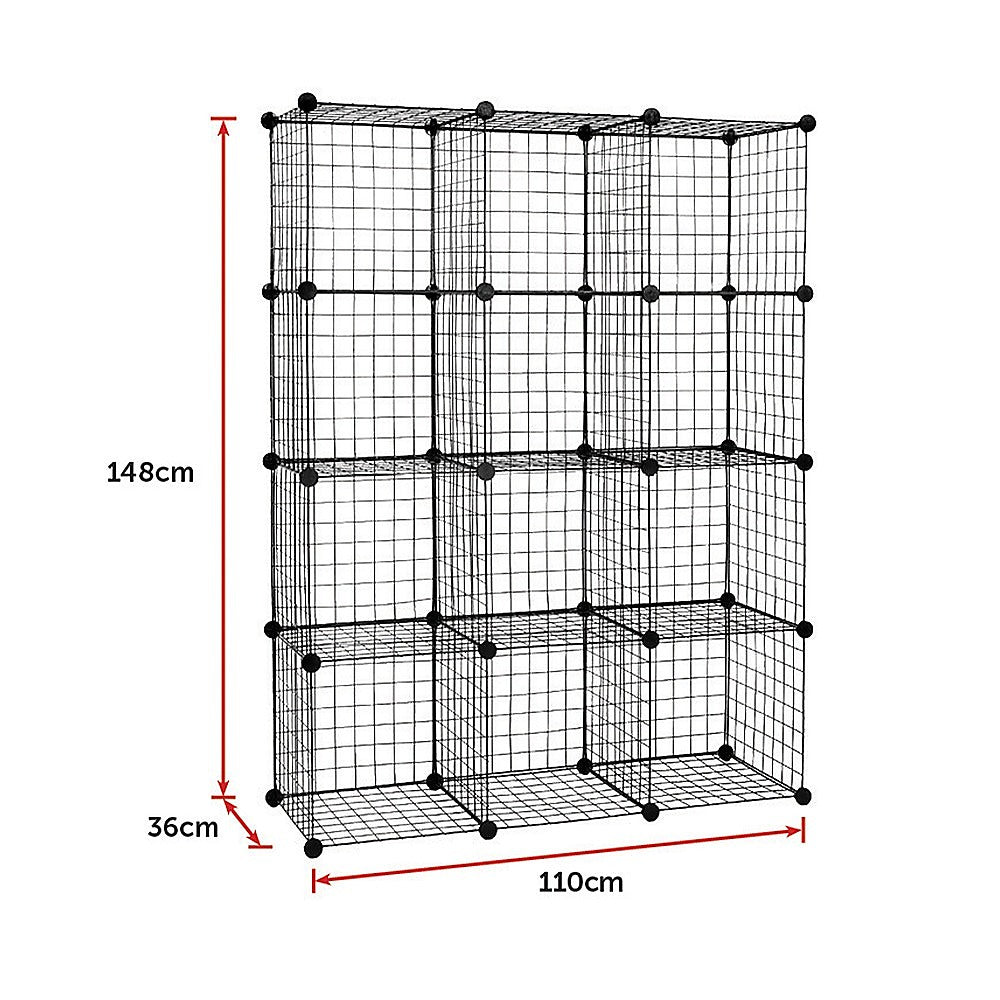 12-Cube Wire Grid Organizer Bookcase - Black Storage Cabinet for Closet, Wardrobe, Office & Living Room Organization