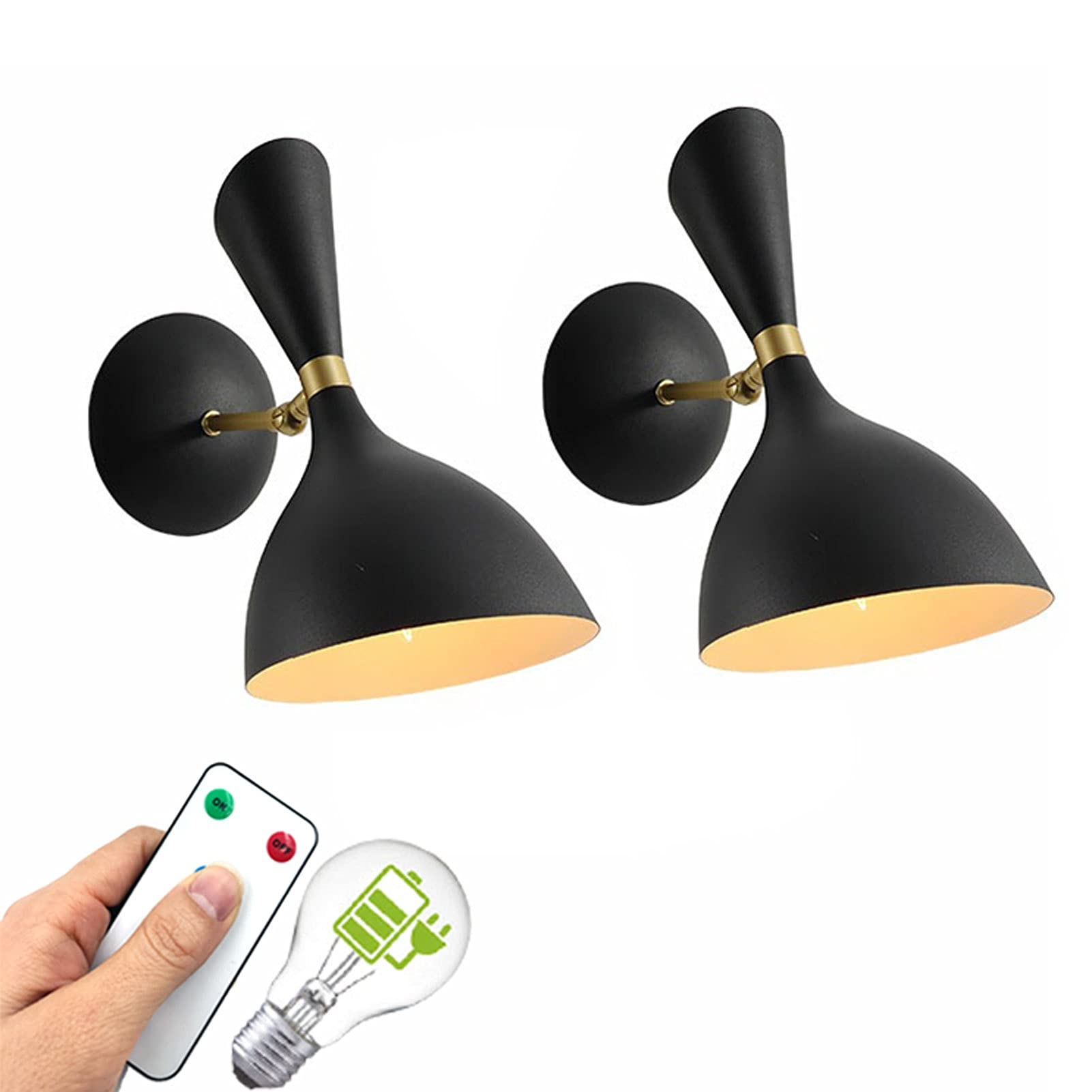 Battery Operated Wall Sconce Lighting - Wireless Remote Control Modern Wall Lights, 2 Pack with 400 Lumens Rechargeable Bulbs (Black, 3 Bulbs) - Perfect for Bedroom, Hallway, Staircase & Outdoor Decor