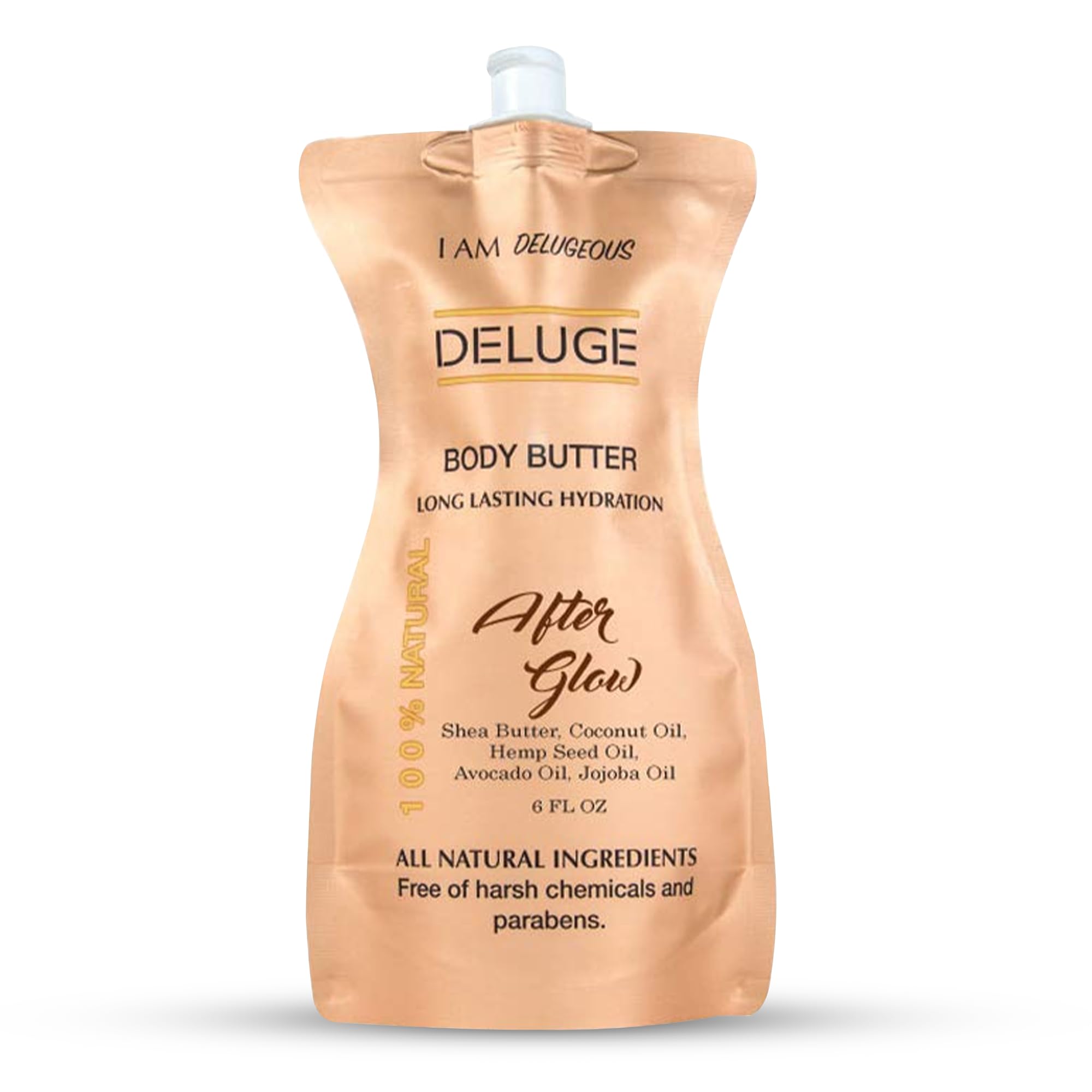 DELUGE All-Natural Body Butter with Shea Butter, Coconut Oil & Hemp Seed - 6 oz Moisturizing Cream for Dry Skin - Afterglow Scent - Perfect for Daily Hydration & Post-Shower Care