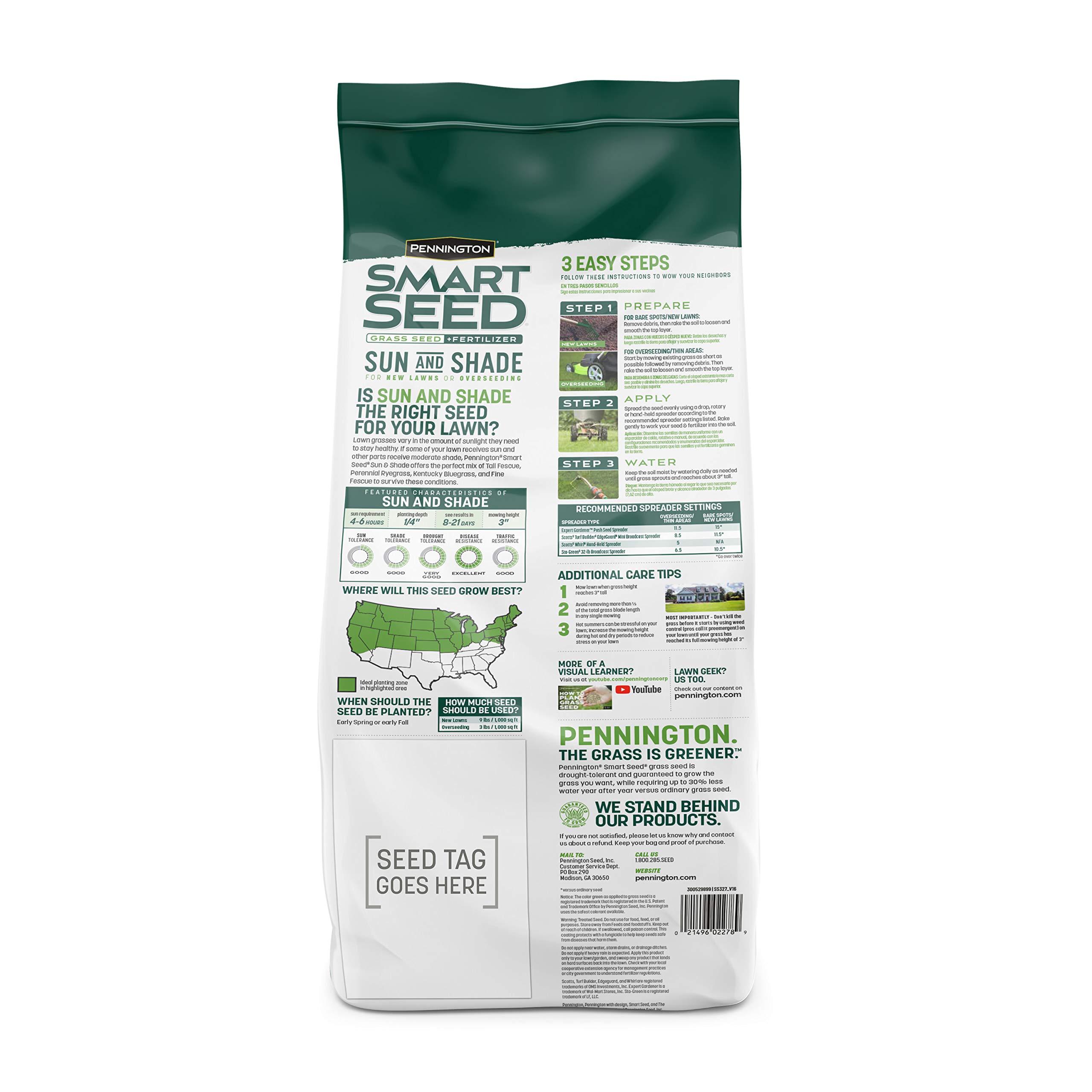 Pennington Smart Seed Sun and Shade Grass Mix 7 lb - Premium Grass Seed Blend for Year-Round Green Lawns - Ideal for Home Lawns, Landscaping & High-Traffic Areas