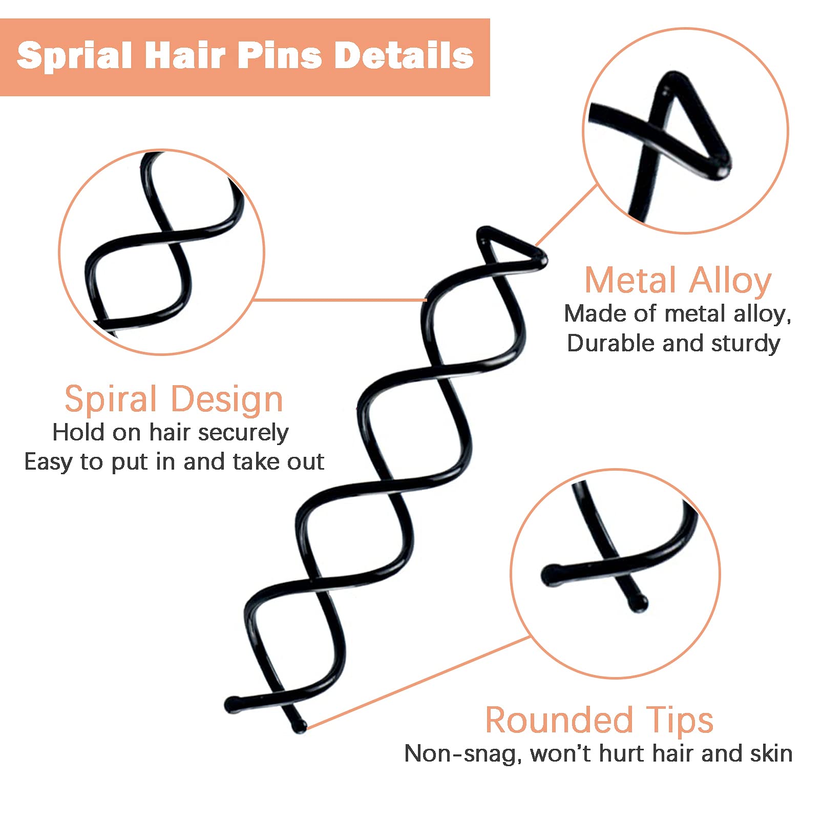 12 Pack Spiral Hair Pins for Buns - Twist Hair Grips with Round Tips for Women & Girls (Black, Gold, Rose Gold) | DIY Hair Styling, Updos & Ponytail Holders