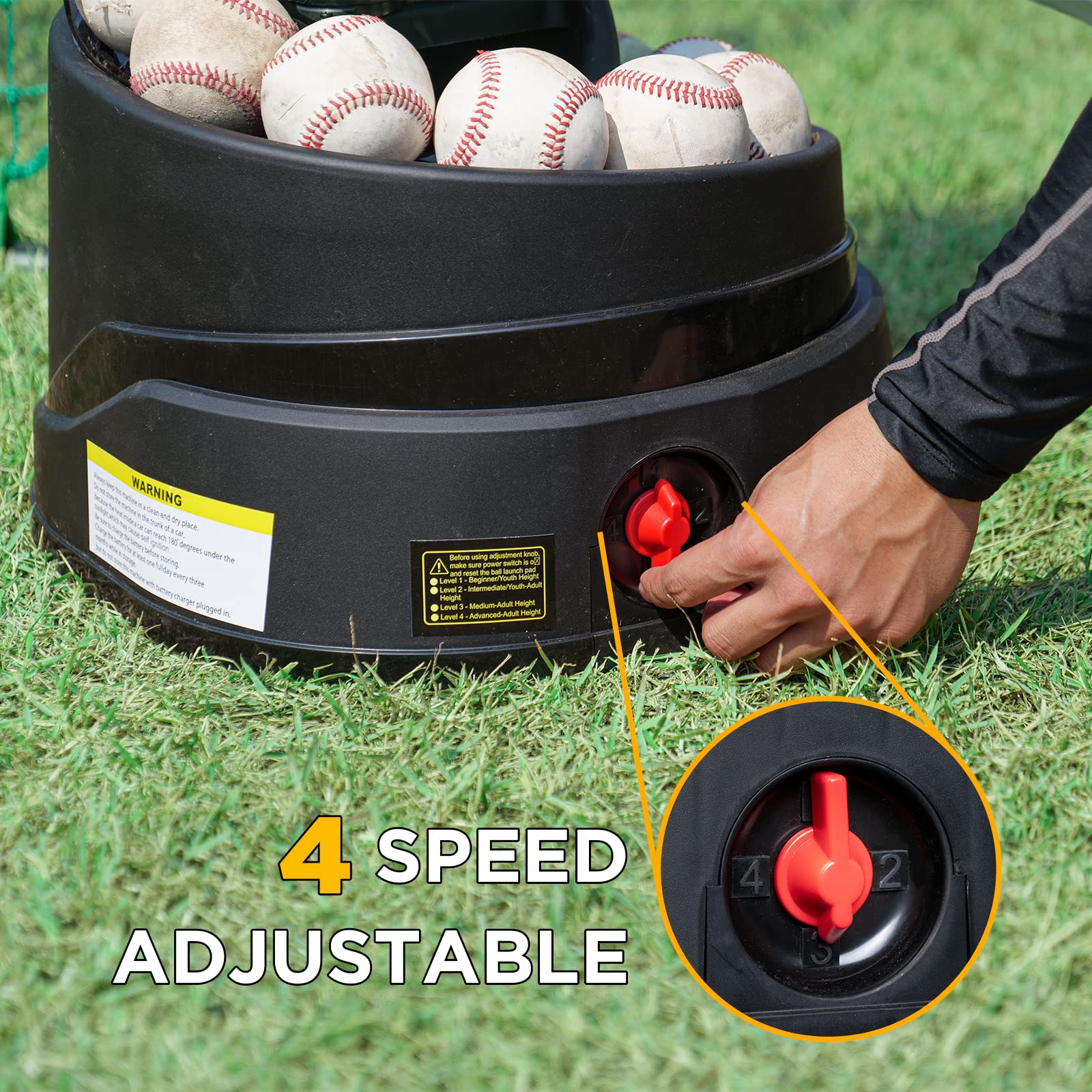 Rechargeable Baseball Pitching Machine with Extendable Ball Stacker - Adjustable Launching Heights for Regulation & Dimpled Balls - Perfect for Batting Practice & Baseball Training for All Ages - Ideal for Backyard, Field, and Team Practice Sessions