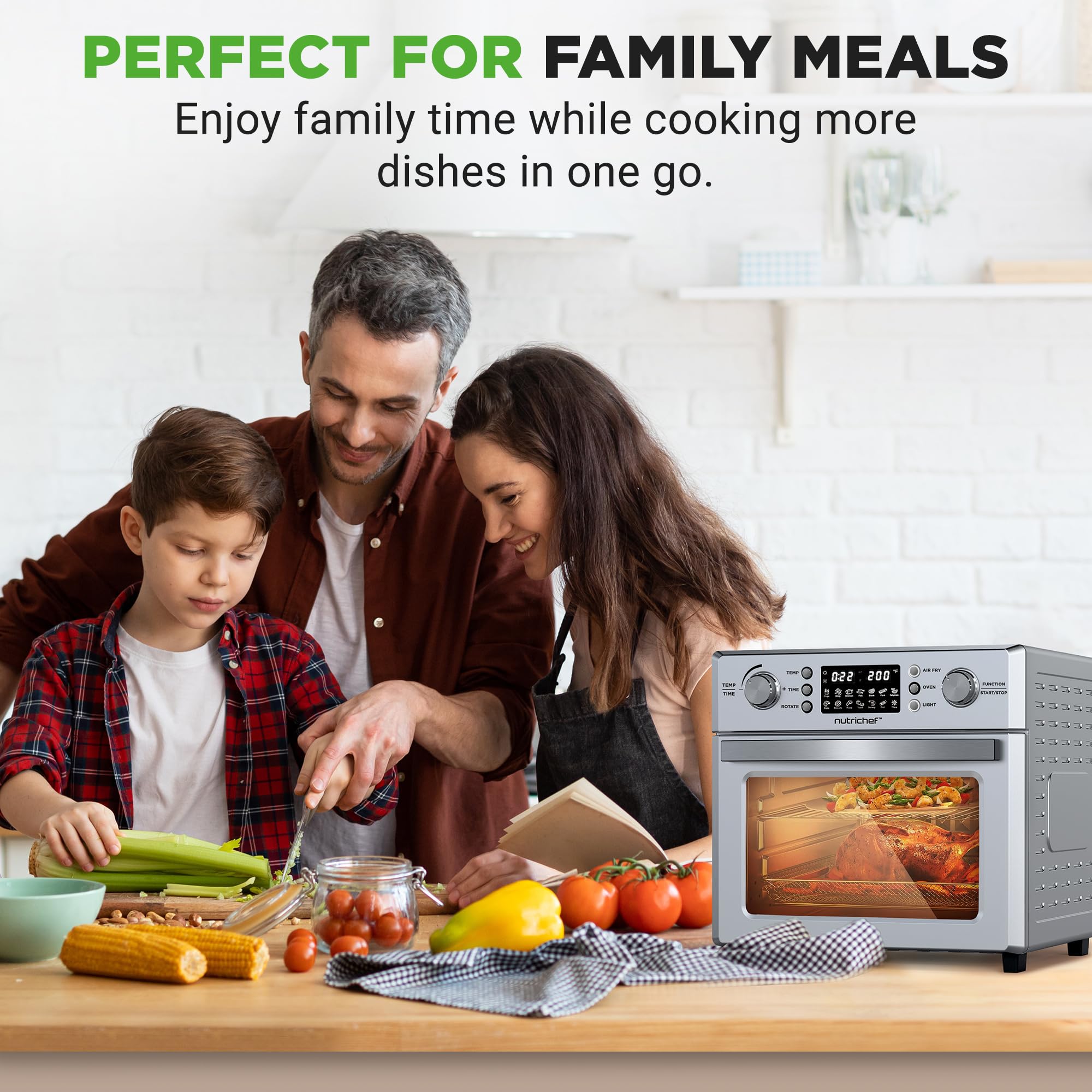 NutriChef 26L Electric Air Fryer Oven with Rotisserie - 1700W Countertop Air Fryer, 360° Rotating Feature, 10 Digital Presets - Includes Drip Tray, Basket & Bake Rack (15x16x14, Silver) - Perfect for Healthy Frying, Baking, Roasting & Family Meals