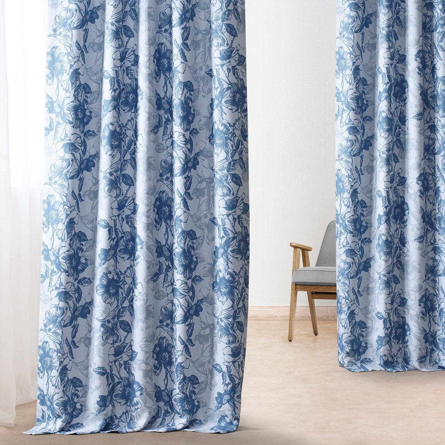 Blue Poppy Floral Printed Faux Linen Blackout Curtains for Bedroom & Living Room - Light Blocking Window Drapes for Home Decor