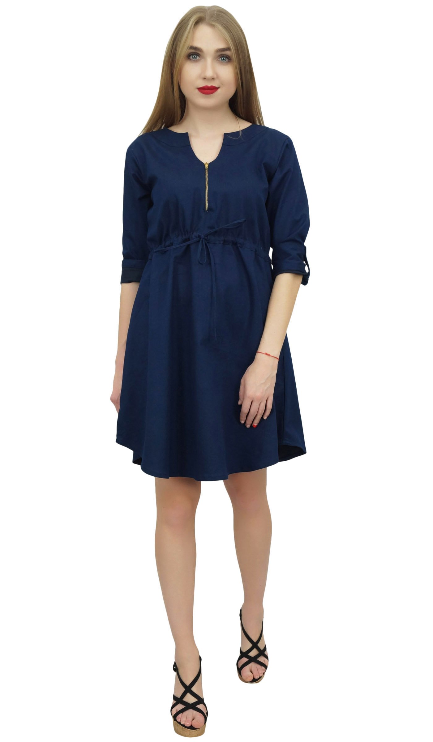Bimba Women's Short Denim Casual Dress with Drawstring Waist - Summer Beach Outfit, Casual Wear, Street Style Fashion