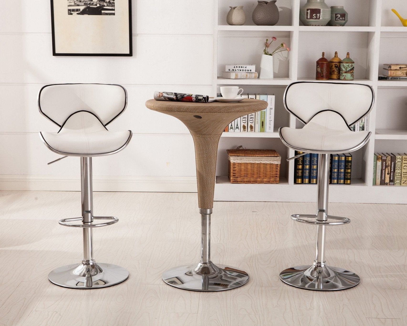Roundhill Furniture Masaccio Faux Leather Adjustable Swivel Bar Stools - Set of 2, White - Perfect for Kitchen Islands, Home Bars & Modern Dining Areas