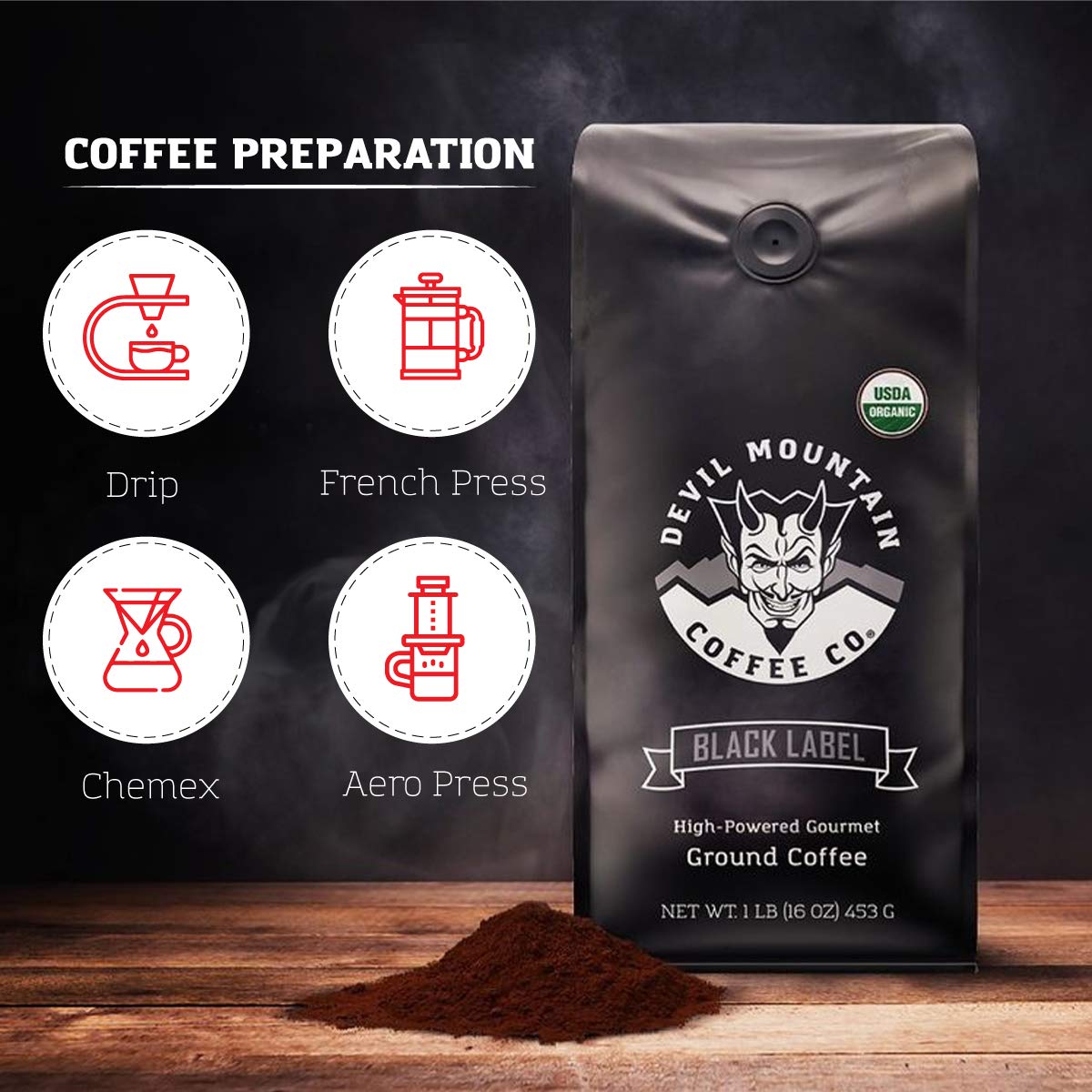 Devil Mountain Coffee Black Label Dark Roast Ground Coffee - Strong High Caffeine USDA Organic Fair Trade Gourmet Artisan Roasted - World's Strongest Coffee 16oz Bag - Perfect for Home Brewing, Office Use & Energy Boost