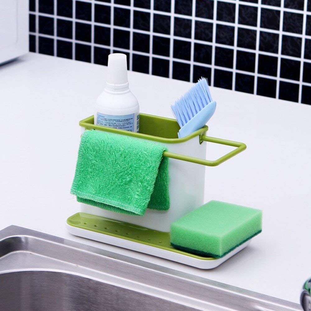 HEBEZON 3-in-1 Kitchen Organizer Stand - Wall Mounted Sink Caddy with Dish Drainer, Soap Dispenser & Sponge Holder - Space Saving Multicolor Rack for Dishwasher Liquid & Scrubbers - Perfect for Small Kitchens, Apartments & RVs