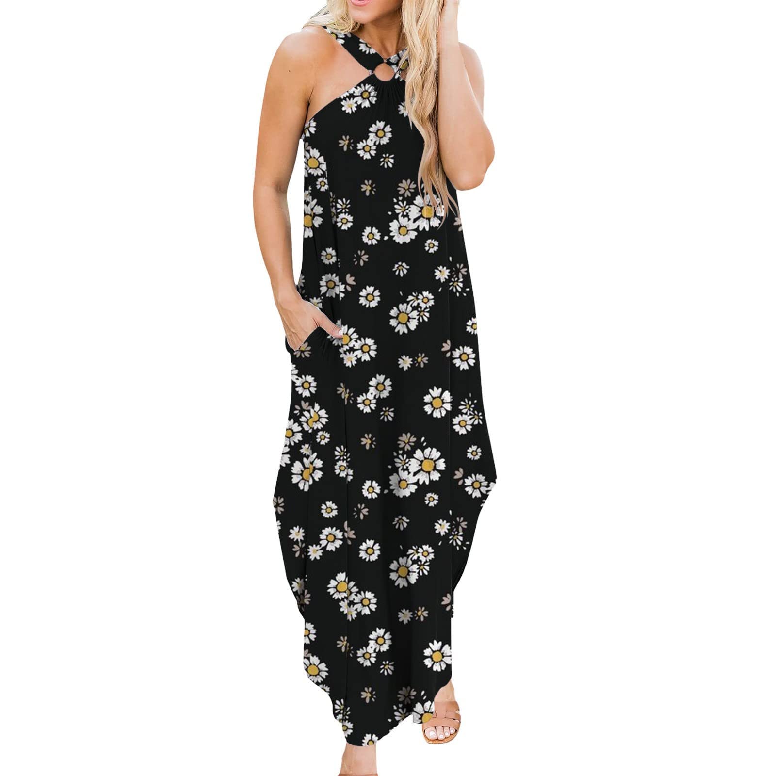 Vintage Plus Size Summer Dresses for Women - Ethnic Criss Cross Halter Sleeveless Midi Tank Dress, Casual Flowy Beachwear for Vacations & Outdoor Parties