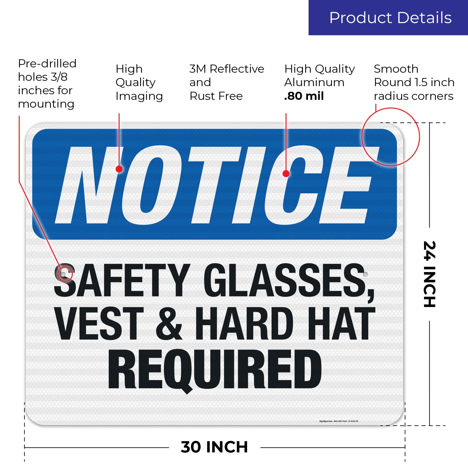 OSHA Compliant Safety Glasses Vest & Hard Hat Required Sign - 24x30 Inches, 3M EGP Reflective .080 Aluminum - Fade Resistant for Indoor/Outdoor Use - Made in USA - Perfect for Construction Sites, Warehouses & Industrial Workplaces