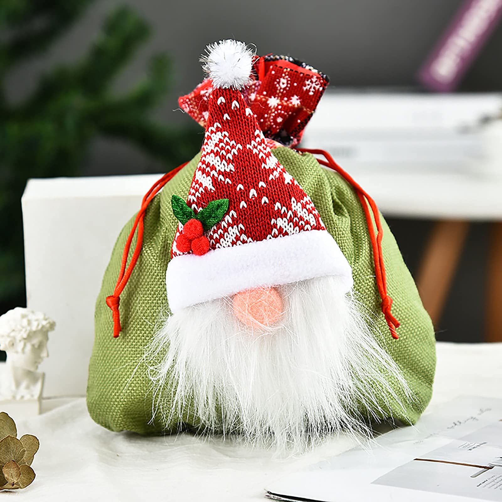 6 Pack Christmas Candy Bags - Burlap Drawstring Gift Bags with 3D Faceless Doll Design for Holiday Treats & Party Favors (Green, Red, Gray) - Perfect for Christmas Parties, Stocking Stuffers & Gift Exchanges