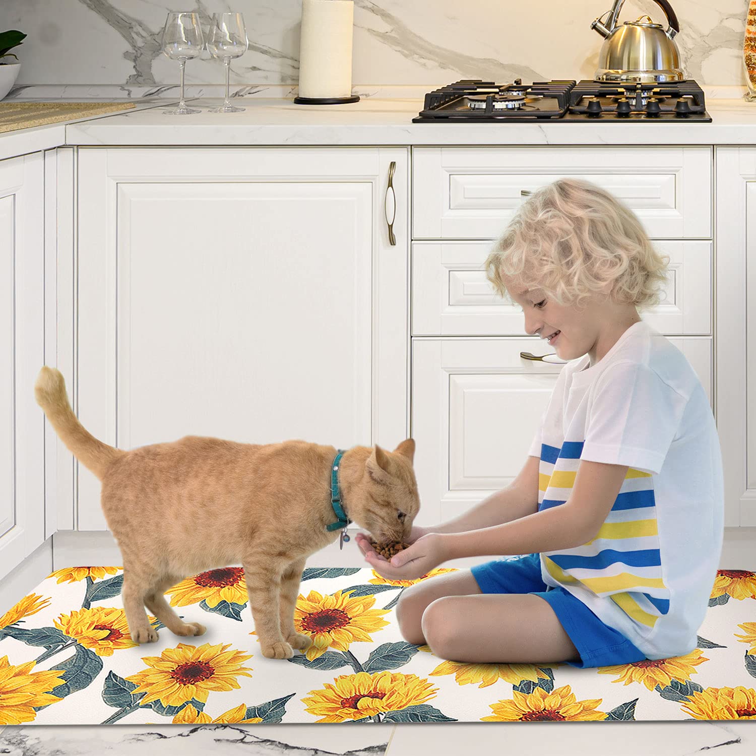 Sunflower Kitchen Rugs Set of 2 - Non Slip PVC Floor Mats for Comfortable Standing in Kitchen & Entryway Decor