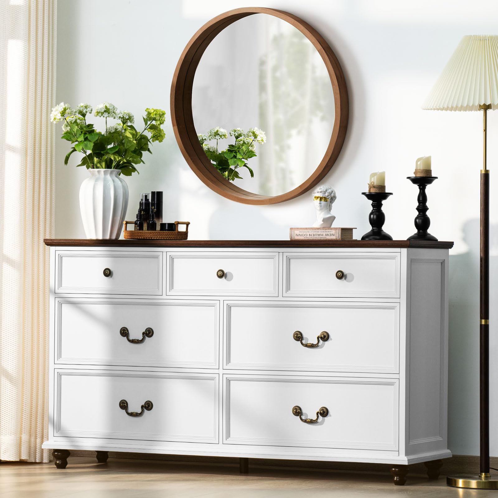 Farmhouse Style Nightstands Set of 2 with Charging Station & 7-Drawer Wood Dresser - 54