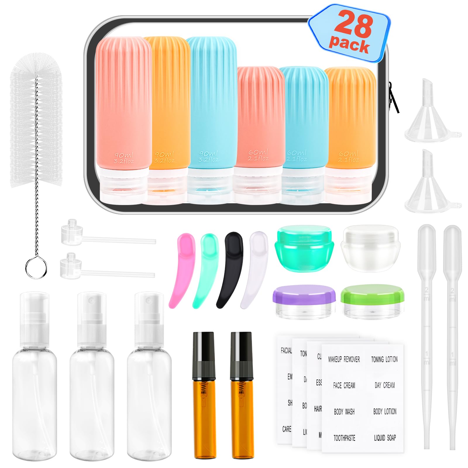 28-Pack TSA Approved Leak Proof Travel Bottles Set - Squeezable Silicone Toiletry Containers for Shampoo, Conditioner, Lotion & Creams | Perfect for Air Travel, Camping & Gym Essentials