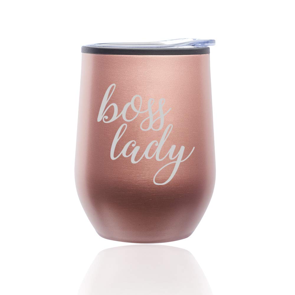 Stemless Wine Tumbler & Coffee Travel Mug with Lid - Rose Gold Boss Lady Design - Perfect for Office, Home & Outdoor Activities