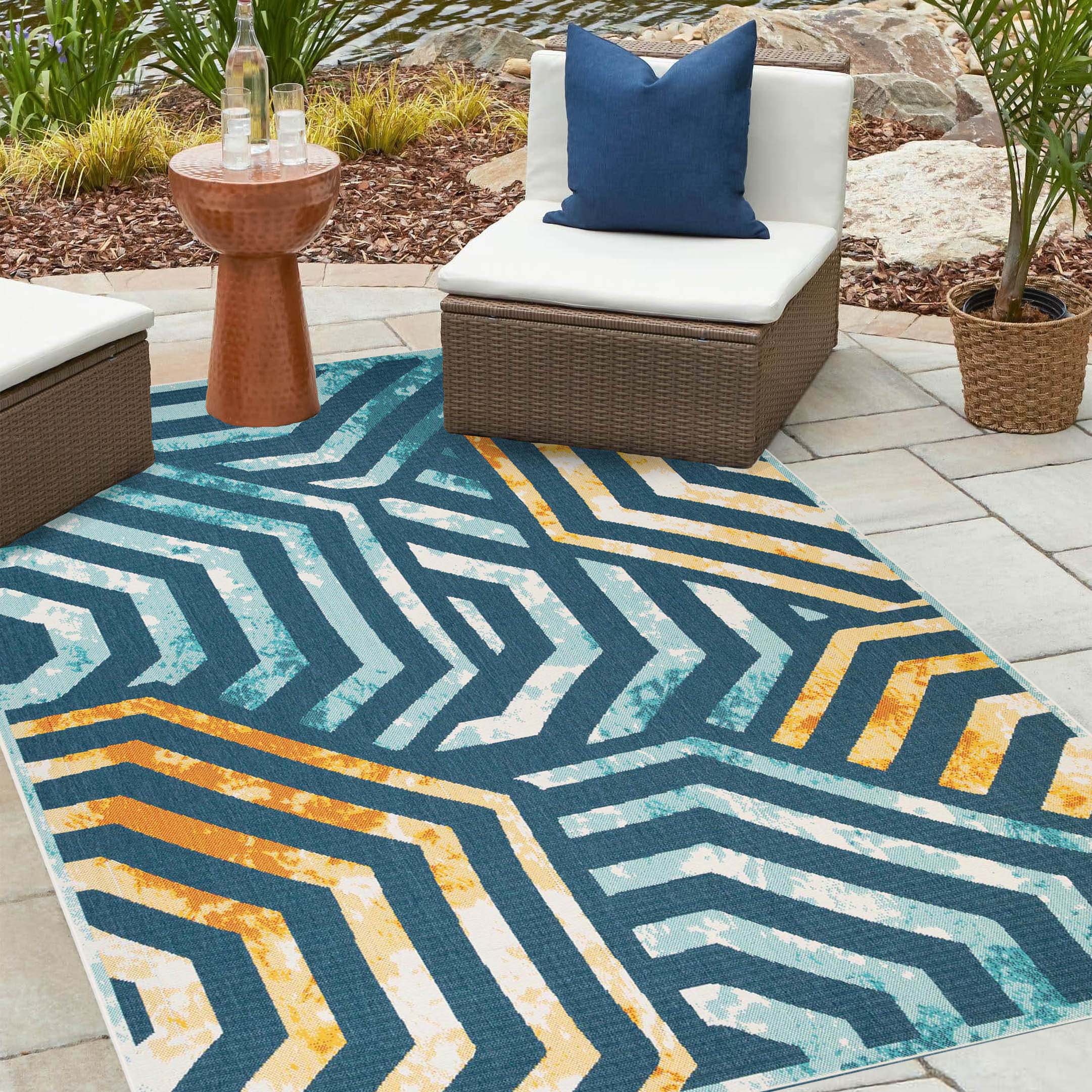 Waimea Modern Geometric Coastal Indoor Outdoor Area Rug - Stylish & Durable for Living Room, Bedroom, Patio, or Deck