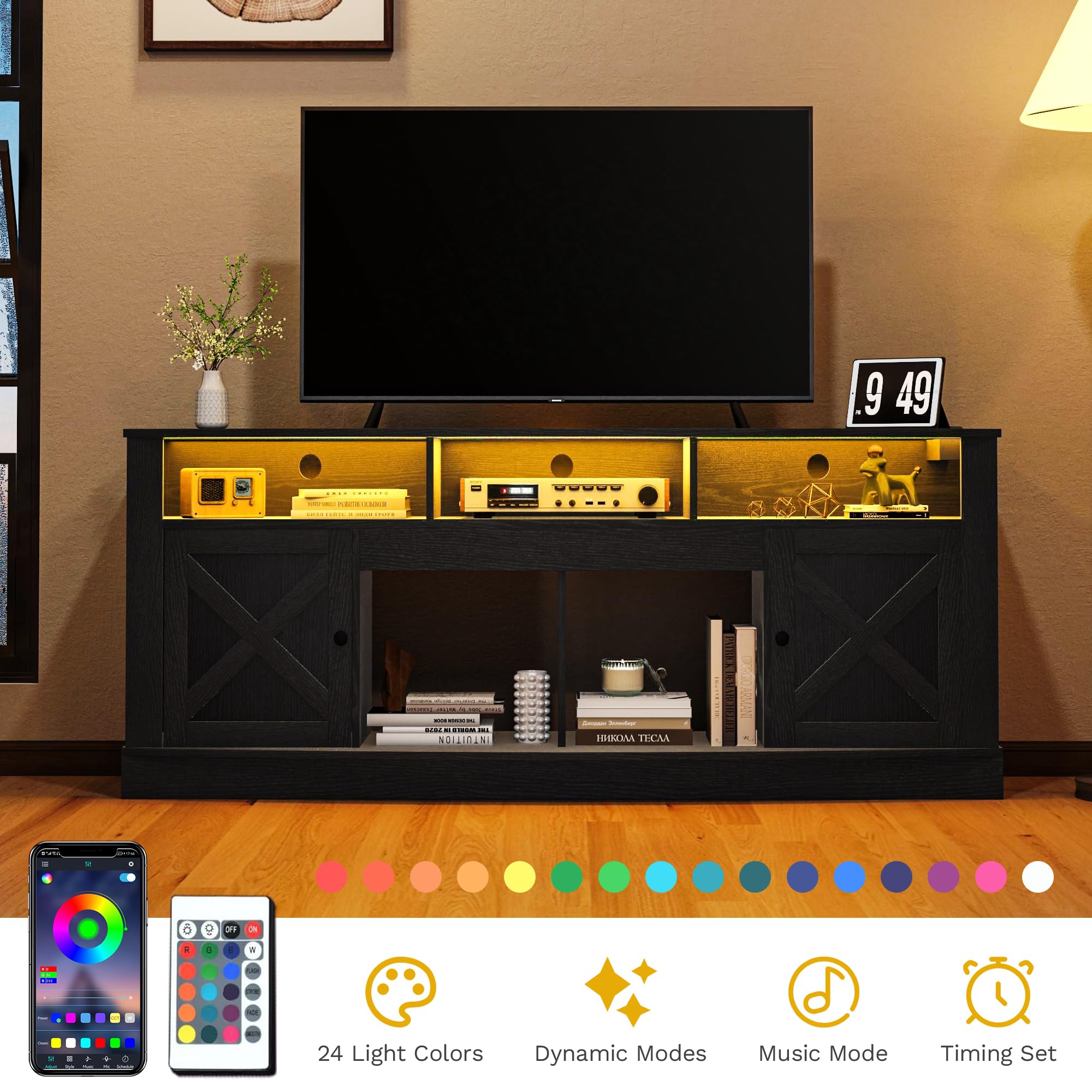 DWVO 75/80 Inch TV Stand with LED Lights - Modern Entertainment Center & Media Console with Barn Doors, Power Outlet - Sturdy TV Cabinet for Living Room, Bedroom, Home Theater (Black)