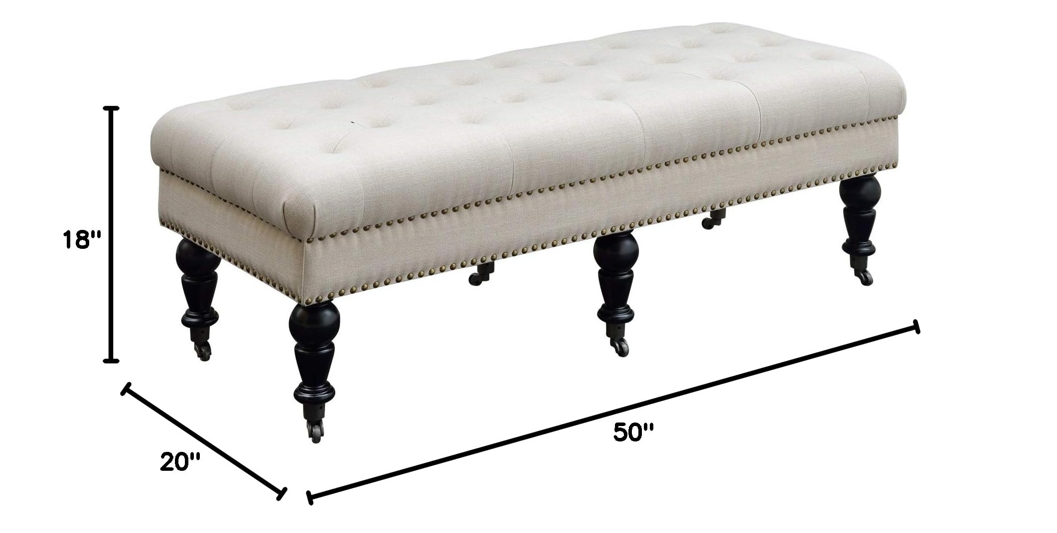 Benjara Button Tufted Bench with Caster Wheels - Upholstered Storage Ottoman in Black & Beige | Perfect for Living Room, Bedroom, or Entryway Seating
