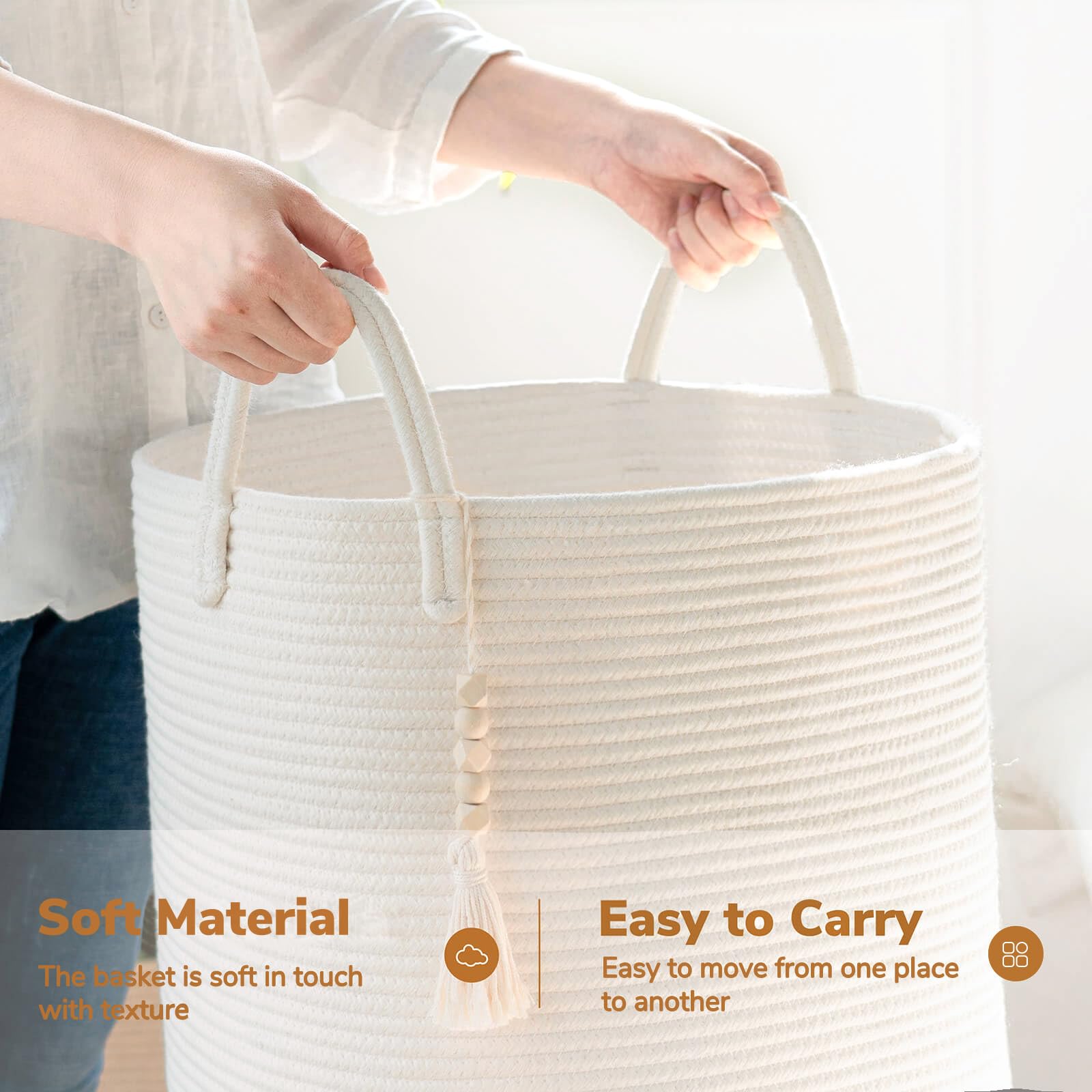 Goodpick White Laundry Basket with Handles - Large Woven Clothes Hamper for Laundry, Towels, Blankets, Toys | Organizer for Bedroom, Living Room, Nursery | 16 x 20 Inch Storage Basket for Home & Playroom Organization