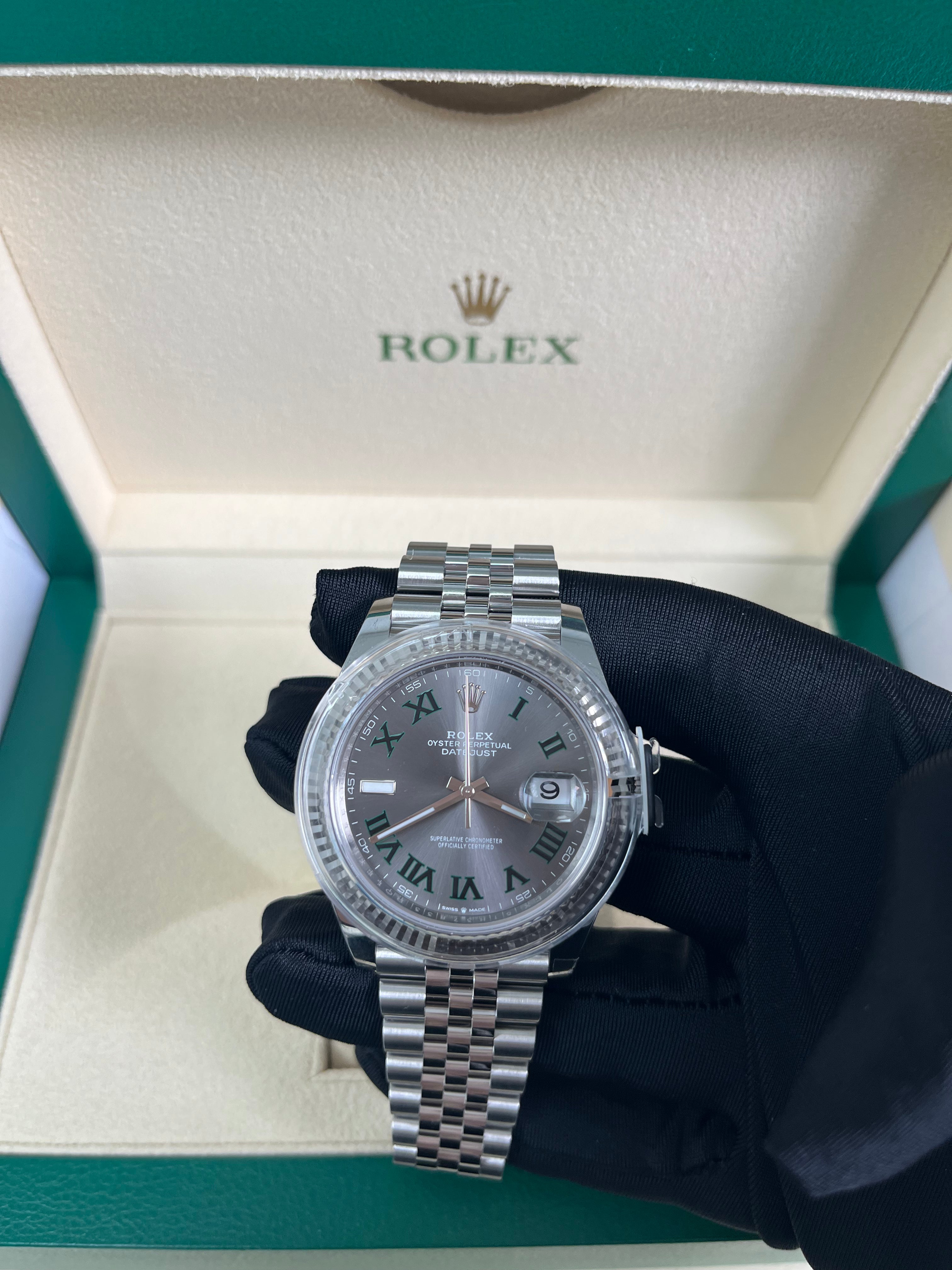 Rolex Datejust 41 Men's Watch - Two Tone 18k White Gold & Steel, Grey Slate Wimbledon Green Dial, Fluted Bezel, Jubilee Bracelet (Ref# 126334) | Luxury Dress Watch for Business & Formal Occasions