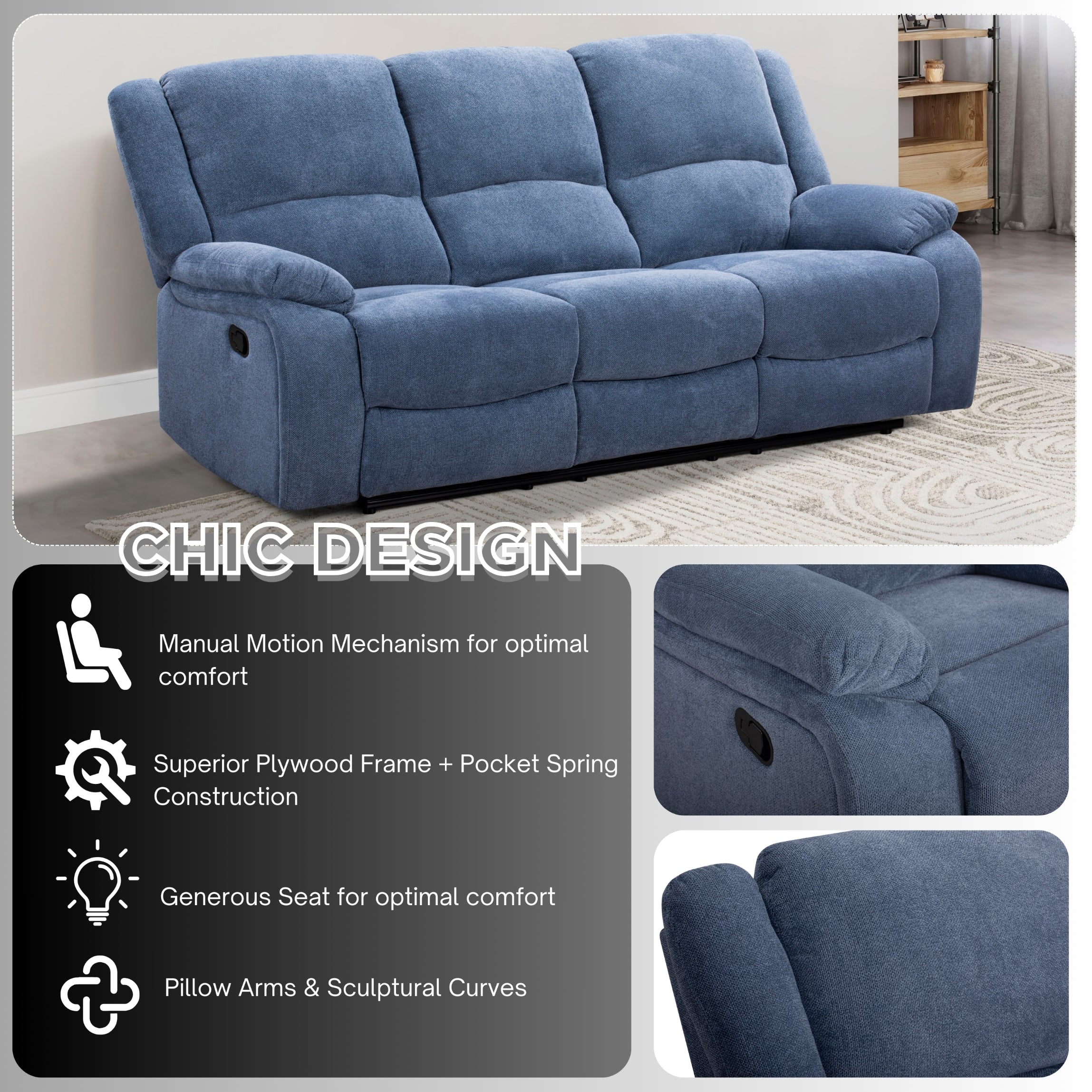 Roundhill Furniture Blitz Transitional Living Room Reclining Sofa Set - Modern Comfort for Relaxing & Entertaining - Perfect for Family Movie Nights & Cozy Evenings