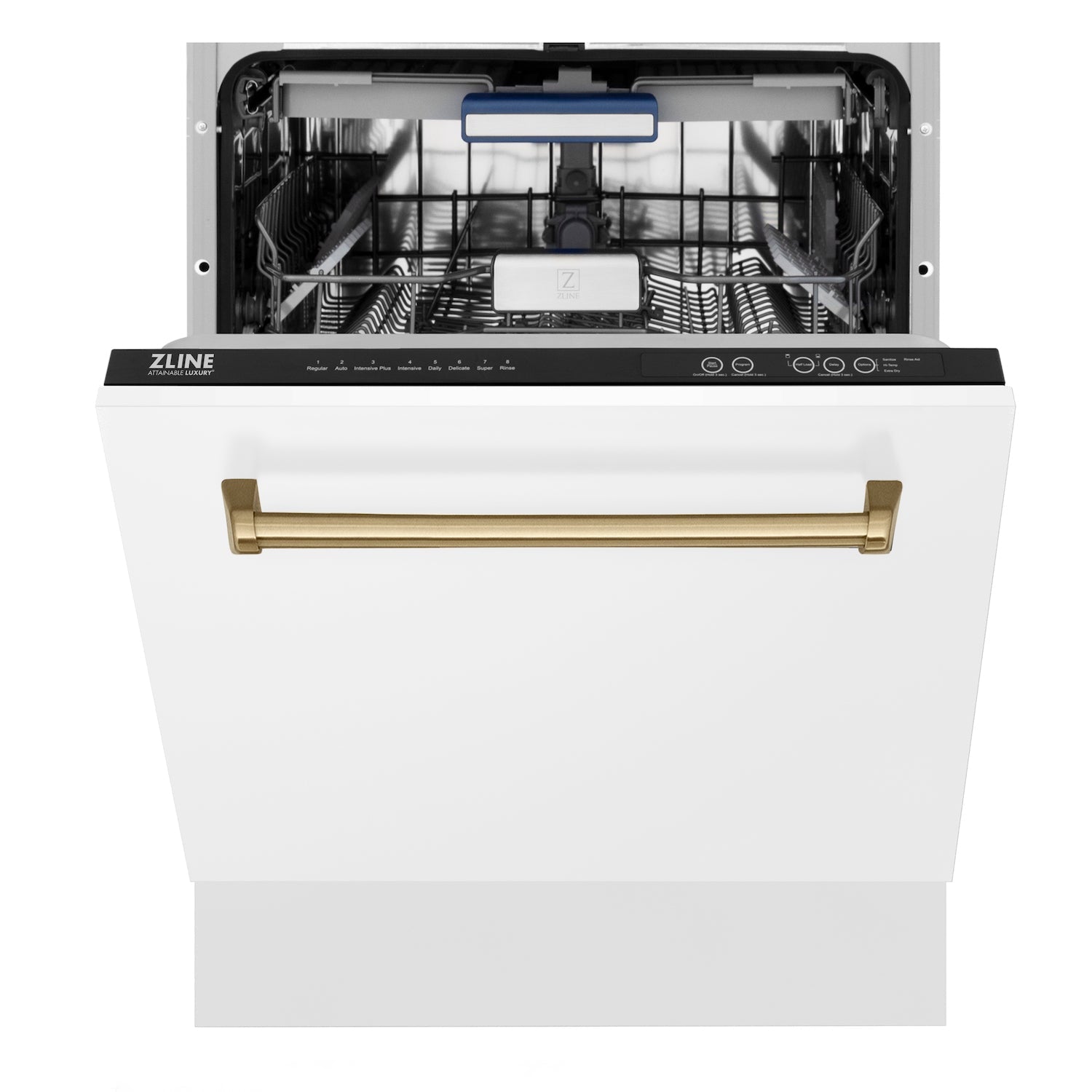 ZLINE Autograph Edition 24 Inch 3rd Rack Top Control Tall Tub Dishwasher - White Matte Finish with Champagne Bronze Handle, 51dBA Quiet Operation (DWVZ WM 24 CB) - Perfect for Modern Kitchens and Open Concept Homes