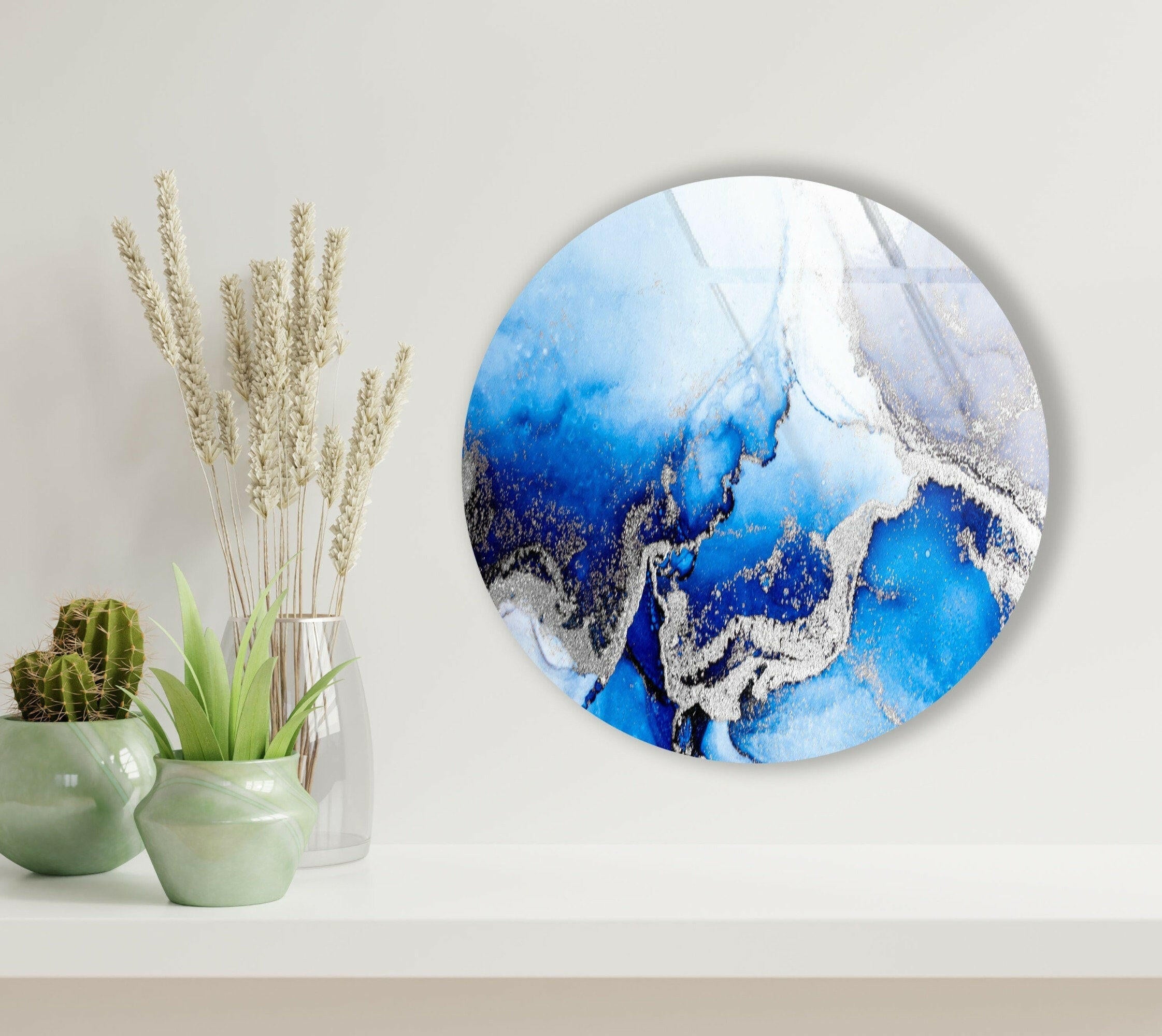 Blue Marble Round Glass Wall Art with Silver Accents - Elegant Home Decor for Living Room, Bedroom & Office