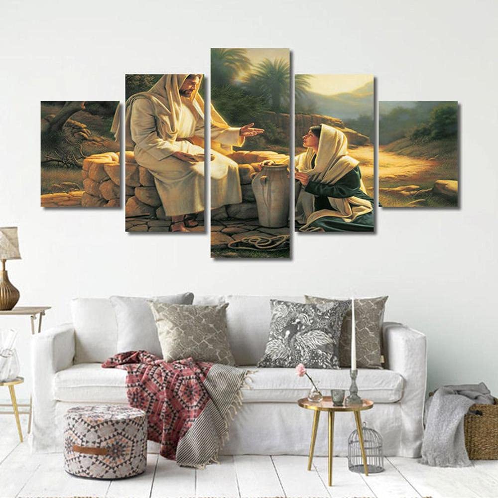 QQWER 5 Piece Canvas Wall Art Set - Jesus & Mary Magdalene Christian Religious Paintings, Framed 5 Panel Wall Decor for Living Room, Bedroom & Church - Ready to Hang Home Decor