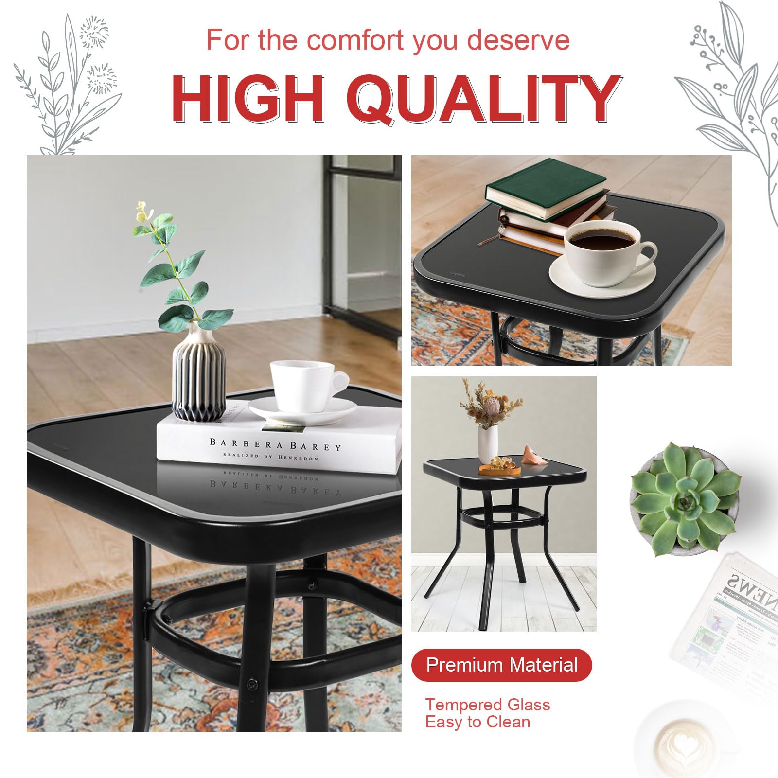 **Crownland 3-Piece Outdoor Rocking Chair Patio Set with Bistro Table & Glass Coffee Table - Black Iron Frame with Thickened Cushions (Red) - Perfect for Garden, Backyard, Porch & Poolside Relaxation**