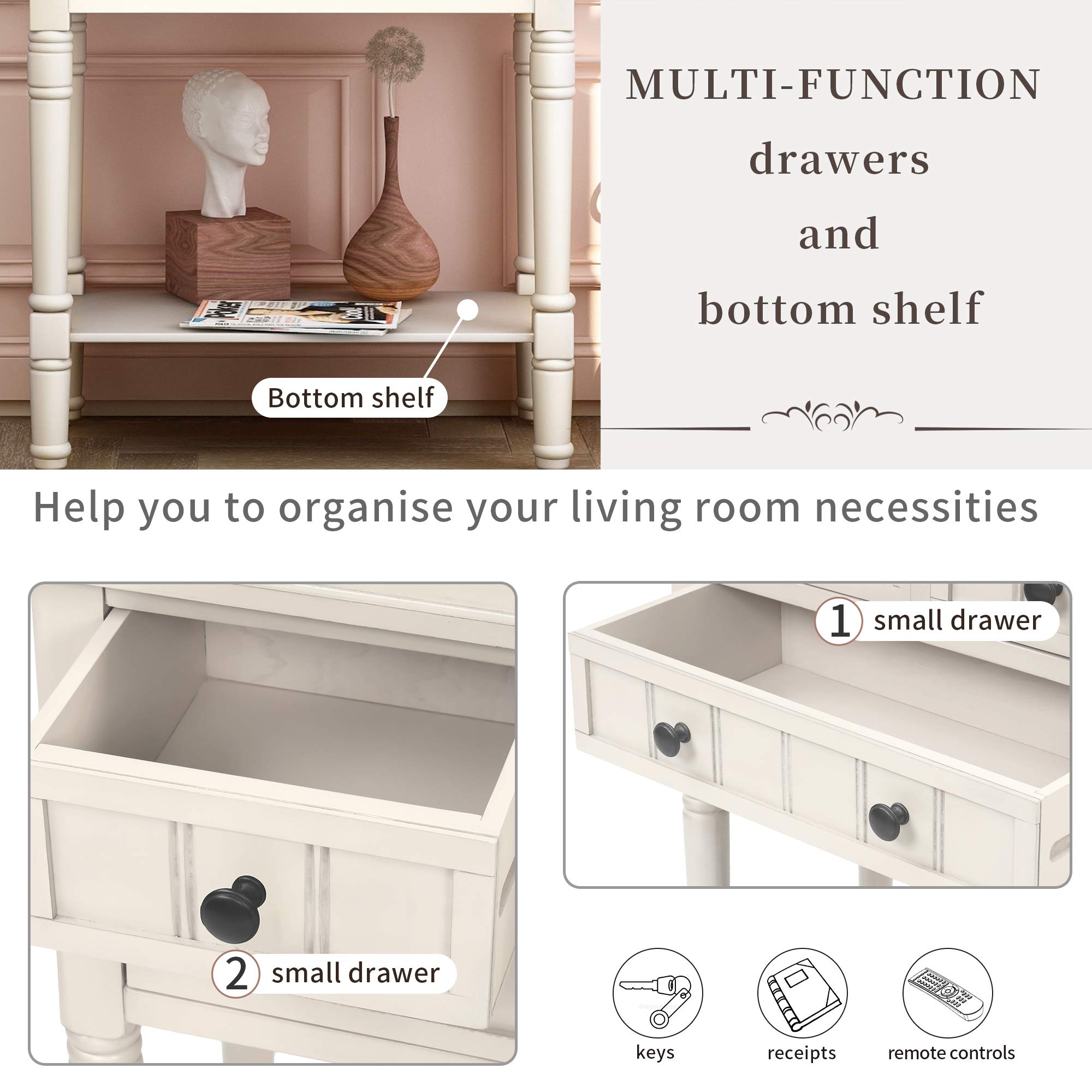 P PURLOVE Wooden Sofa Table with 3 Drawers & Bottom Shelf - Entryway Console Table with Storage, Easy Assembly for Living Room, Hallway, Foyer - Ivory White - Perfect for Small Spaces & Home Organization