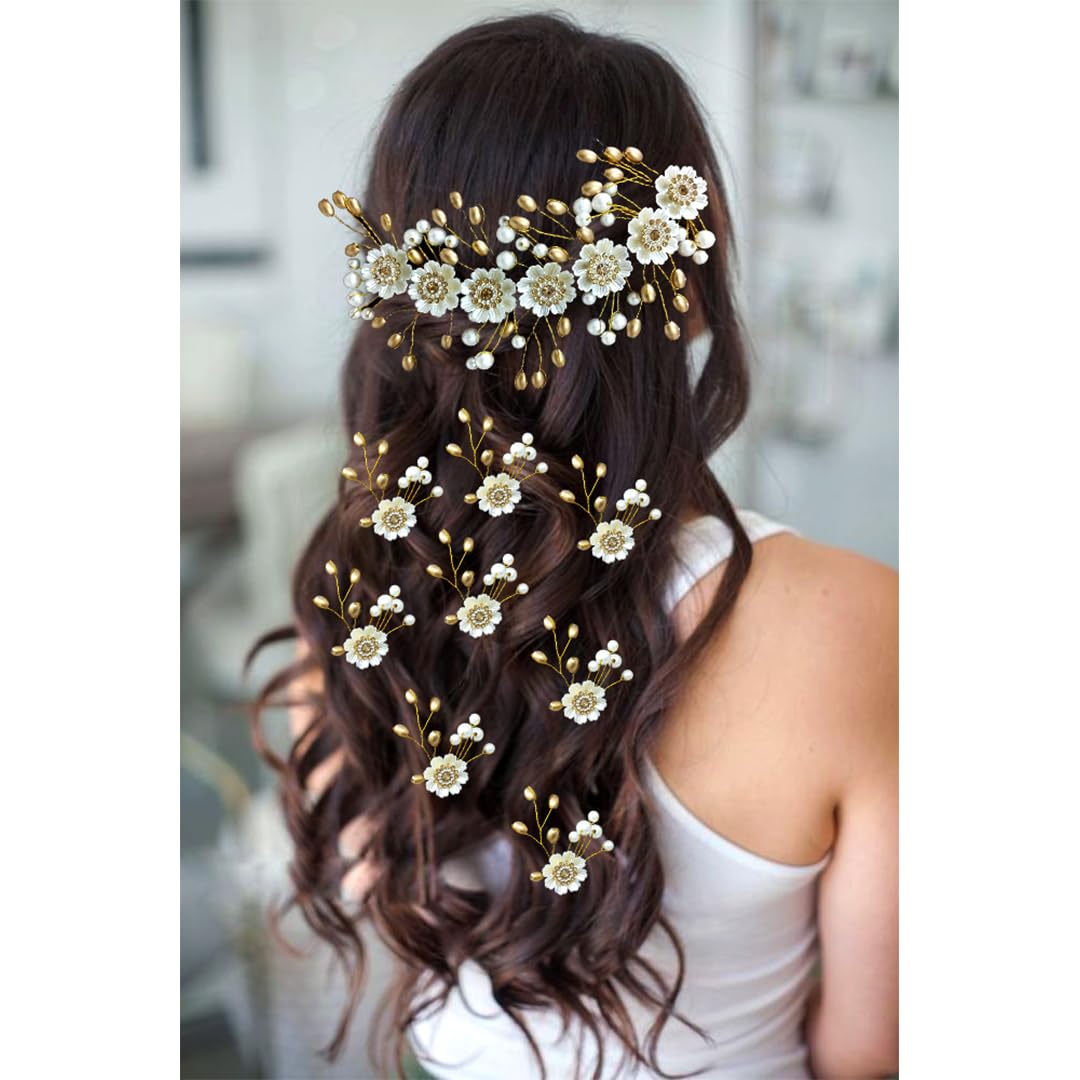 Ansh Elegant Artificial Metal Floral Hairpin with Silver & Golden Pearls | Stylish Hair Clips & Juda Pins for Women & Girls | Perfect for Weddings, Parties & Daily Wear (Combo Pack 2351 & 2352)