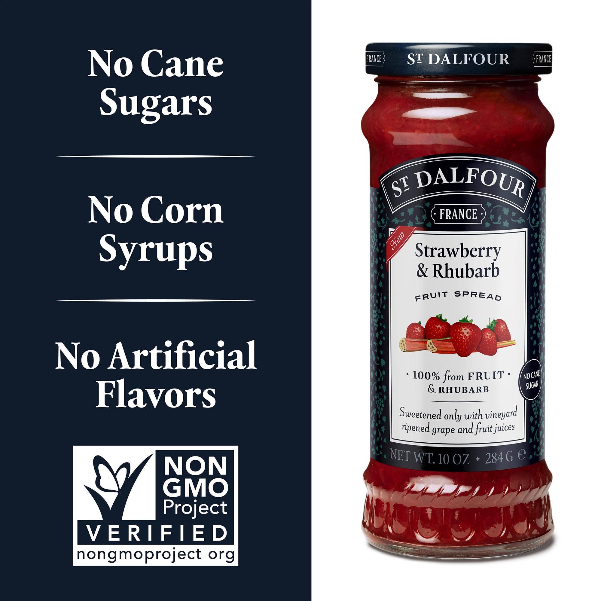 St. Dalfour Strawberry & Rhubarb Fruit Spread - 10oz - 100% Natural Fruit Preserves, No Artificial Ingredients, Non-GMO, No Added Sugar - Perfect for Toast, Yogurt & Desserts