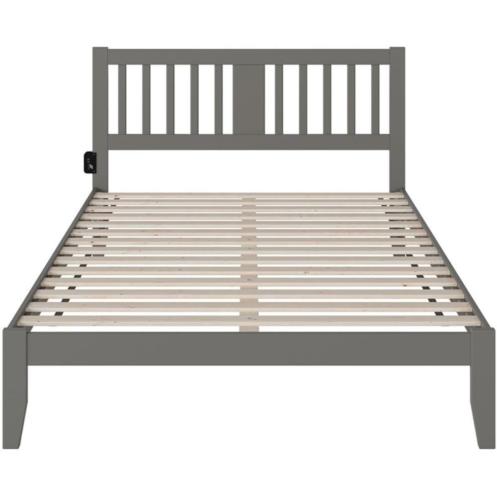 BOWERY HILL Gray Wooden Queen Size Spindle Bed Frame with USB Turbo Charger | Transitional Style Bedroom Furniture for Master Bedroom & Guest Room