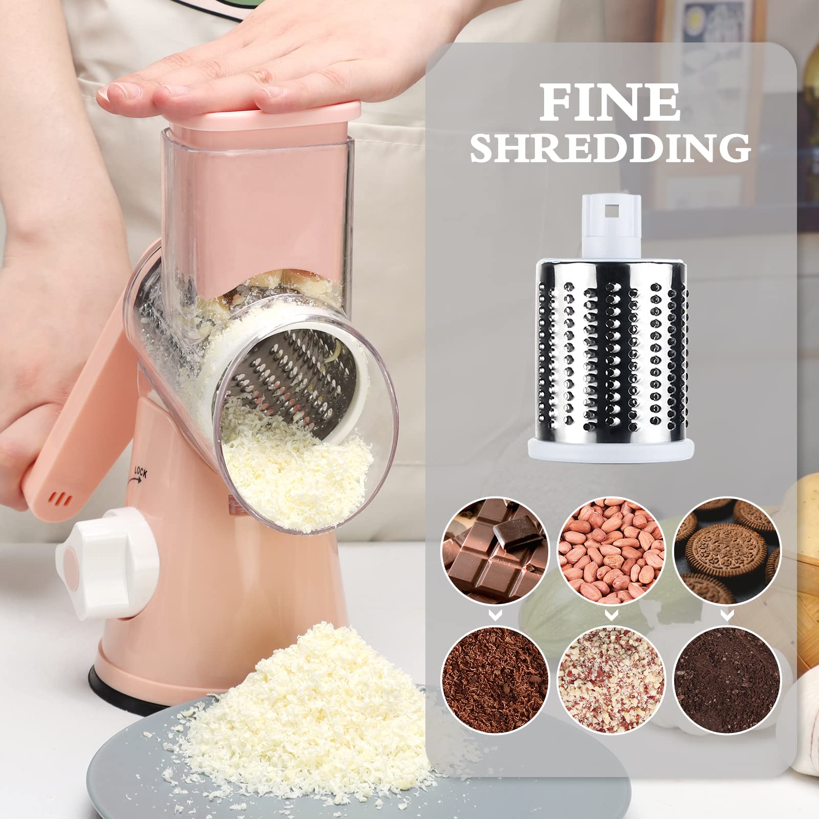 Premium Rotary Cheese Grater with Ergonomic Handle - 3-in-1 Manual Vegetable Slicer for Cheese, Nuts, Potatoes & Carrots - Stainless Steel Kitchen Mandoline Slicer for Hashbrowns, Garlic & Food Prep (Pink) | Perfect for Meal Prep, Salad Making & Quick Cooking