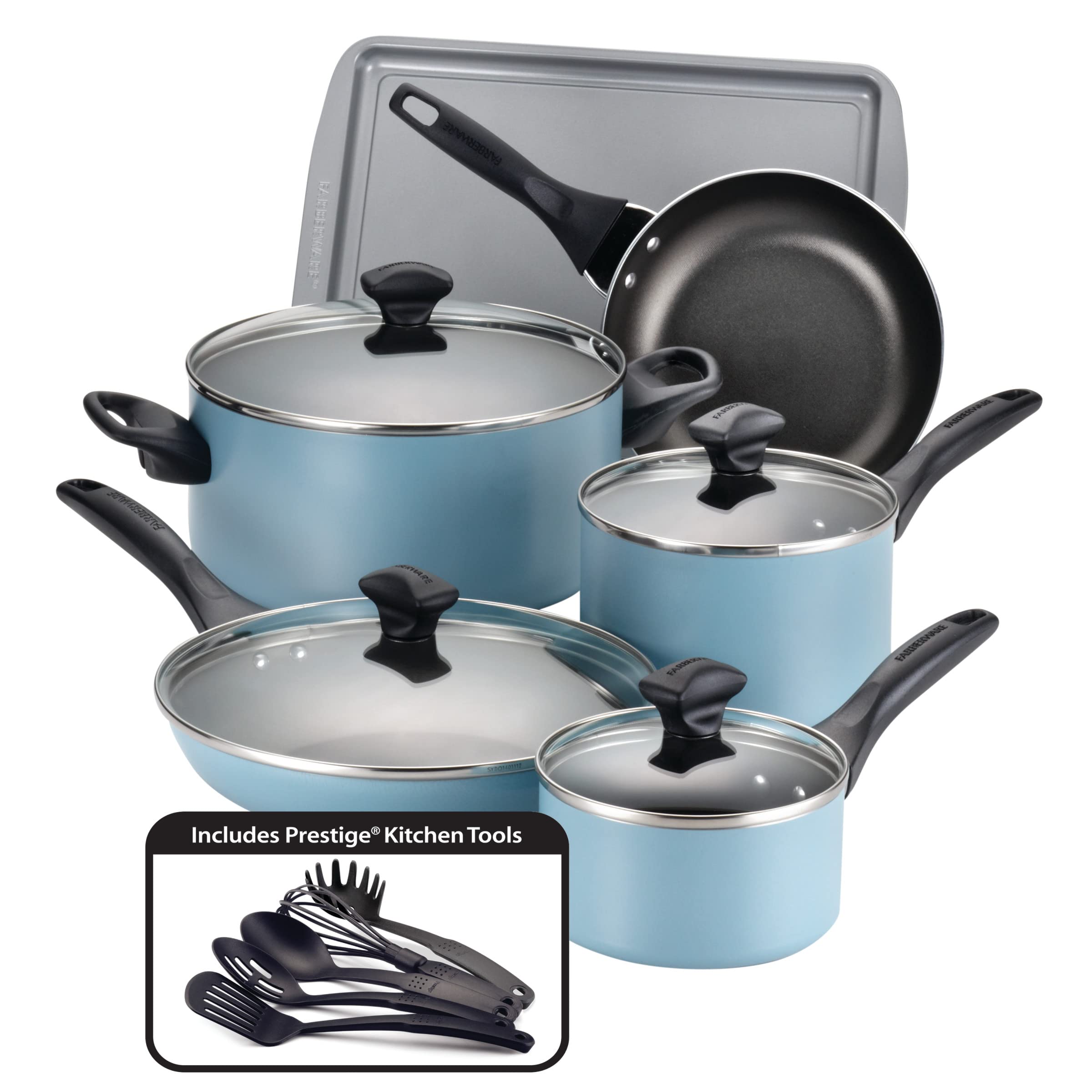 Farberware 15-Piece Nonstick Cookware Set - Dishwasher Safe Pots and Pans in Aqua Blue | Perfect for Baking, Frying & Everyday Cooking