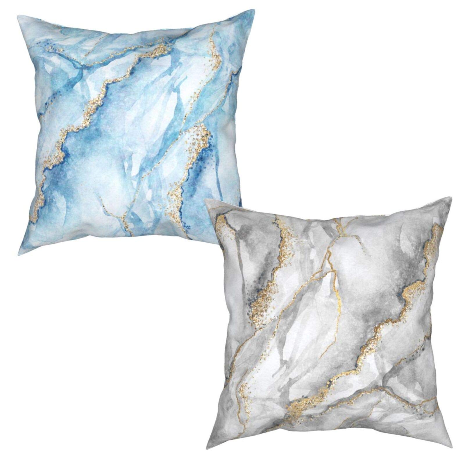 Blue and Gray Marble Throw Pillow Covers 18x18 Inches Set of 2 - Gold Glitter Veins Square Decorative Cushion Covers for Sofa, Living Room, Bedroom & Garden Decor | Luxury Home Accents & Cozy Interior Design