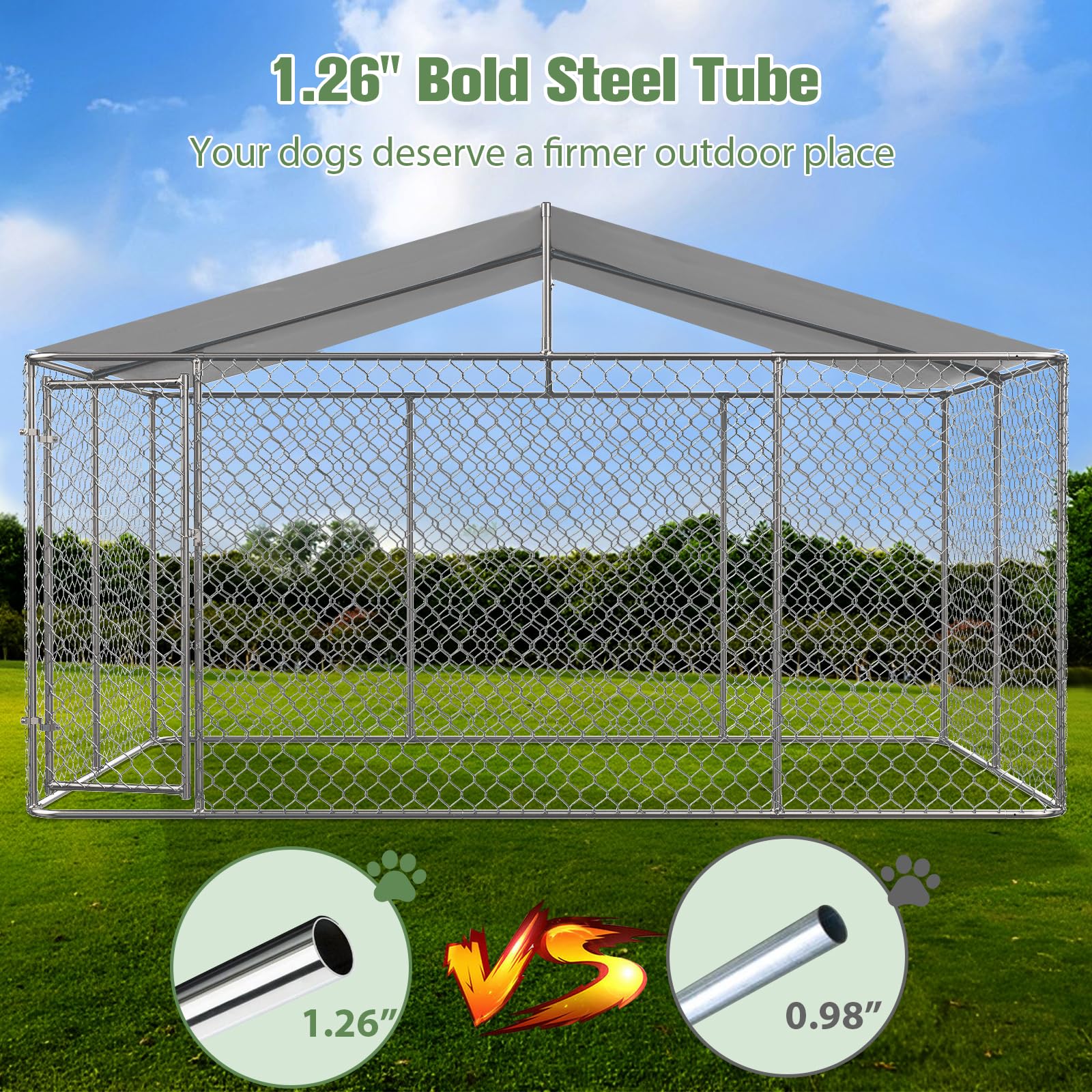 13.1×7.5×7.6FT Heavy Duty Outdoor Dog Kennel with Roof Cover - Large Chain Link Dog Cage Playpen with Lockable Door for Backyard, Garden & Patio (Ideal for Large Breed Dogs Protection & Outdoor Play)