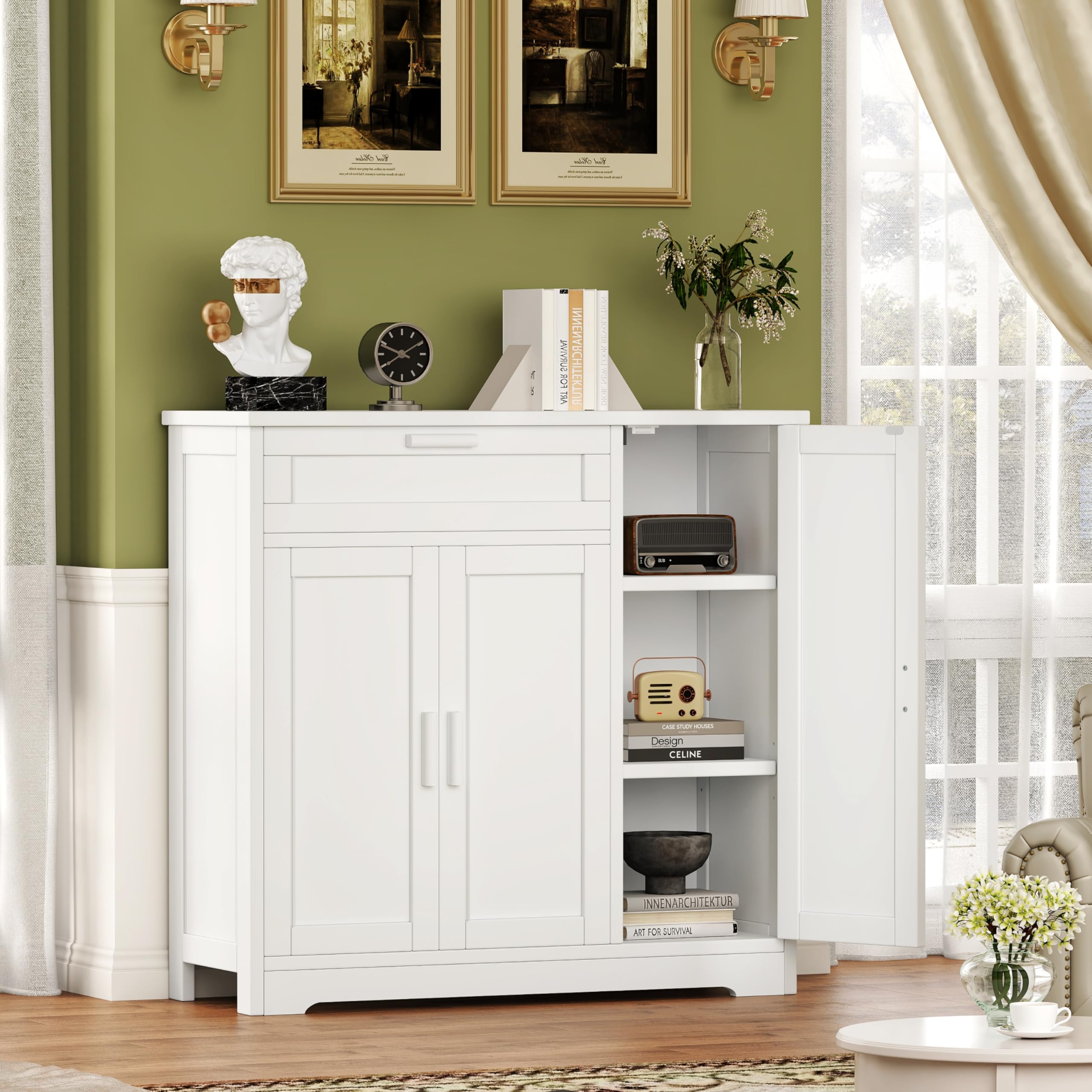 Modern Sideboard Buffet Cabinet with 3 Doors & Drawers - White Storage Cabinet with Adjustable Shelves for Kitchen, Living Room, Hallway - Perfect for Dining Room Storage, Entryway Organization & Home Decor (KES001WCWG)