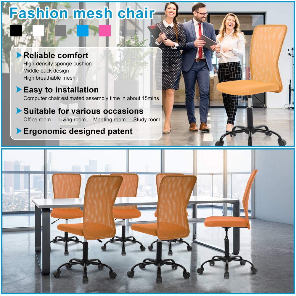 Ergonomic Mid Back Mesh Office Chair - Adjustable Height, Swivel & Rolling Wheels for Home, Student & Computer Desk - Breathable Comfort for Long Work Hours - Orange
