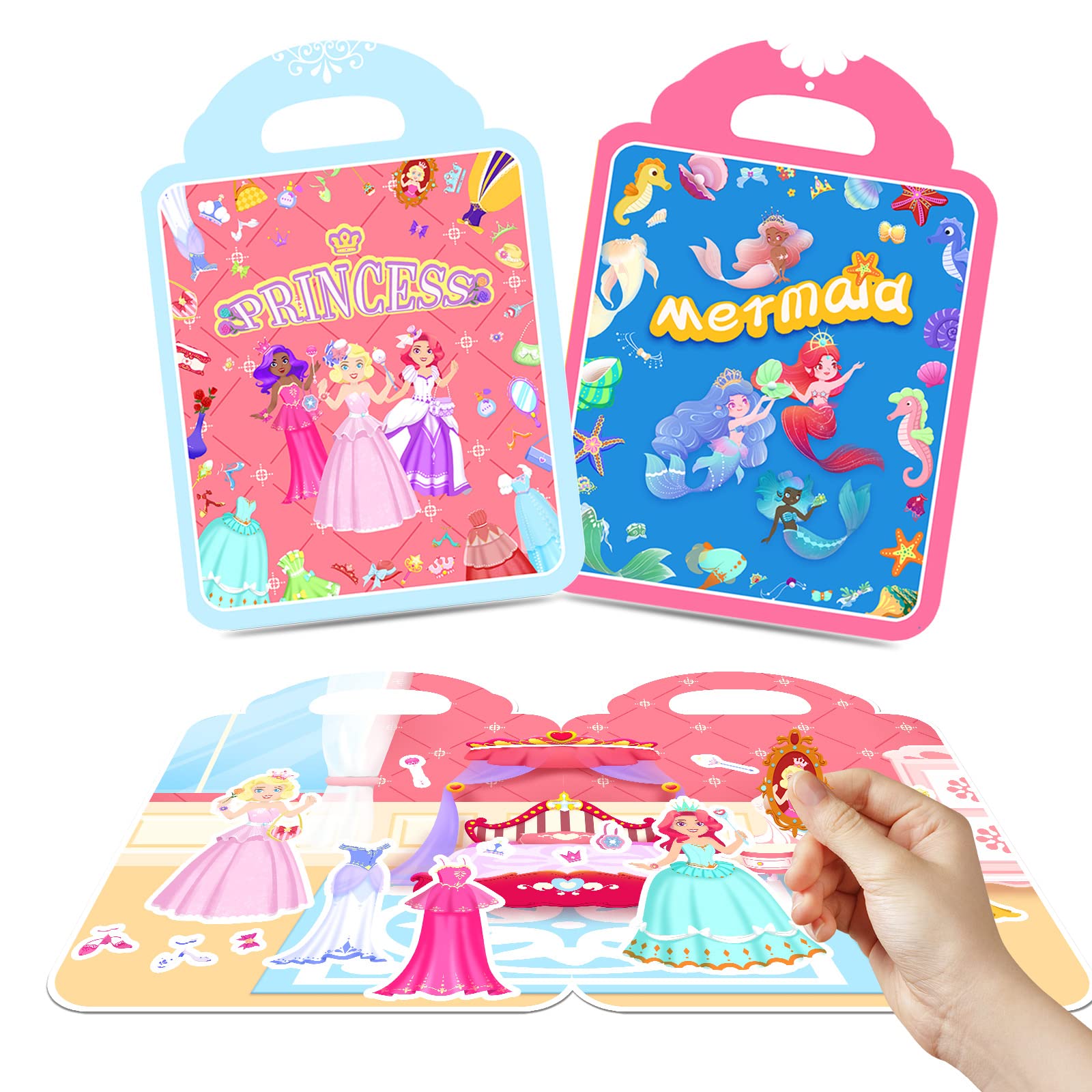 2 Pack Reusable Puffy Sticker Activity Books for Kids & Toddlers - Princess & Mermaid Stickers for Girls, Educational Learning Toys for Preschool Boys & Girls - Perfect for Birthday, Christmas Gifts & Travel Entertainment