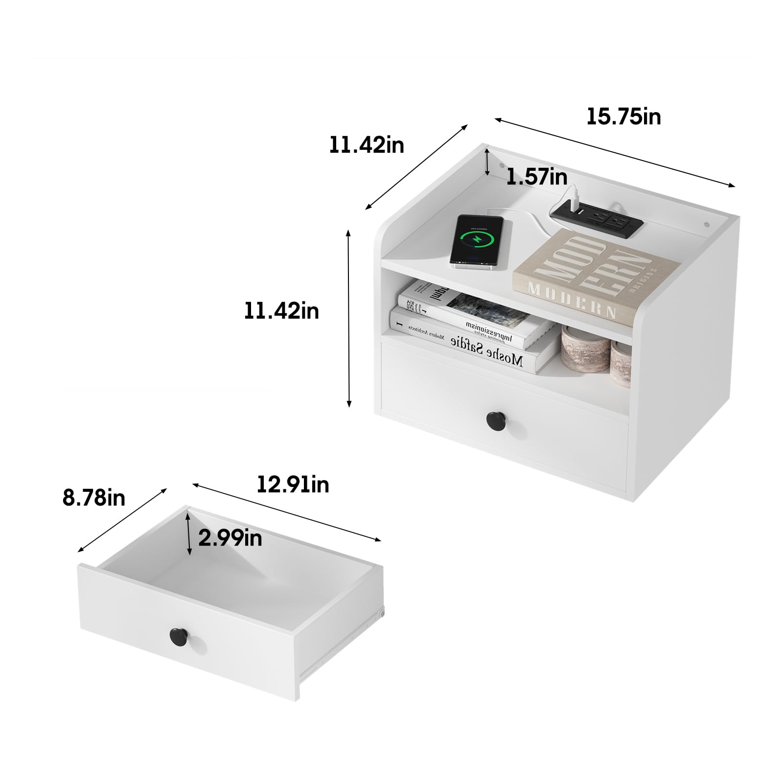 Modern Floating Nightstand Set of 2 - White Wall Mounted Bedside Tables with Drawer, Open Shelf & USB Charging Station | Space-Saving Bedroom Furniture for Small Spaces, Apartments & Dorm Rooms