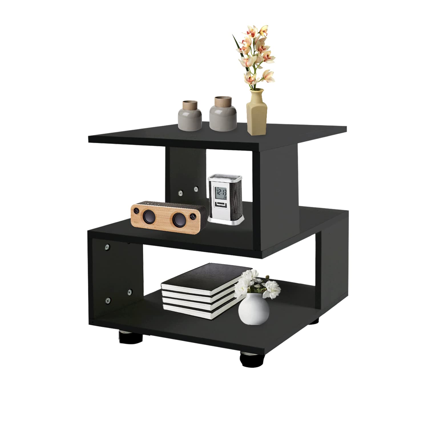 TY ARTS & CULTURE Modern Nightstand - Hollow Style Magic Cube Mini Table with Two-Tier Open Shelves, Bedside Storage Organizer for Bedroom, Living Room, Office - Black