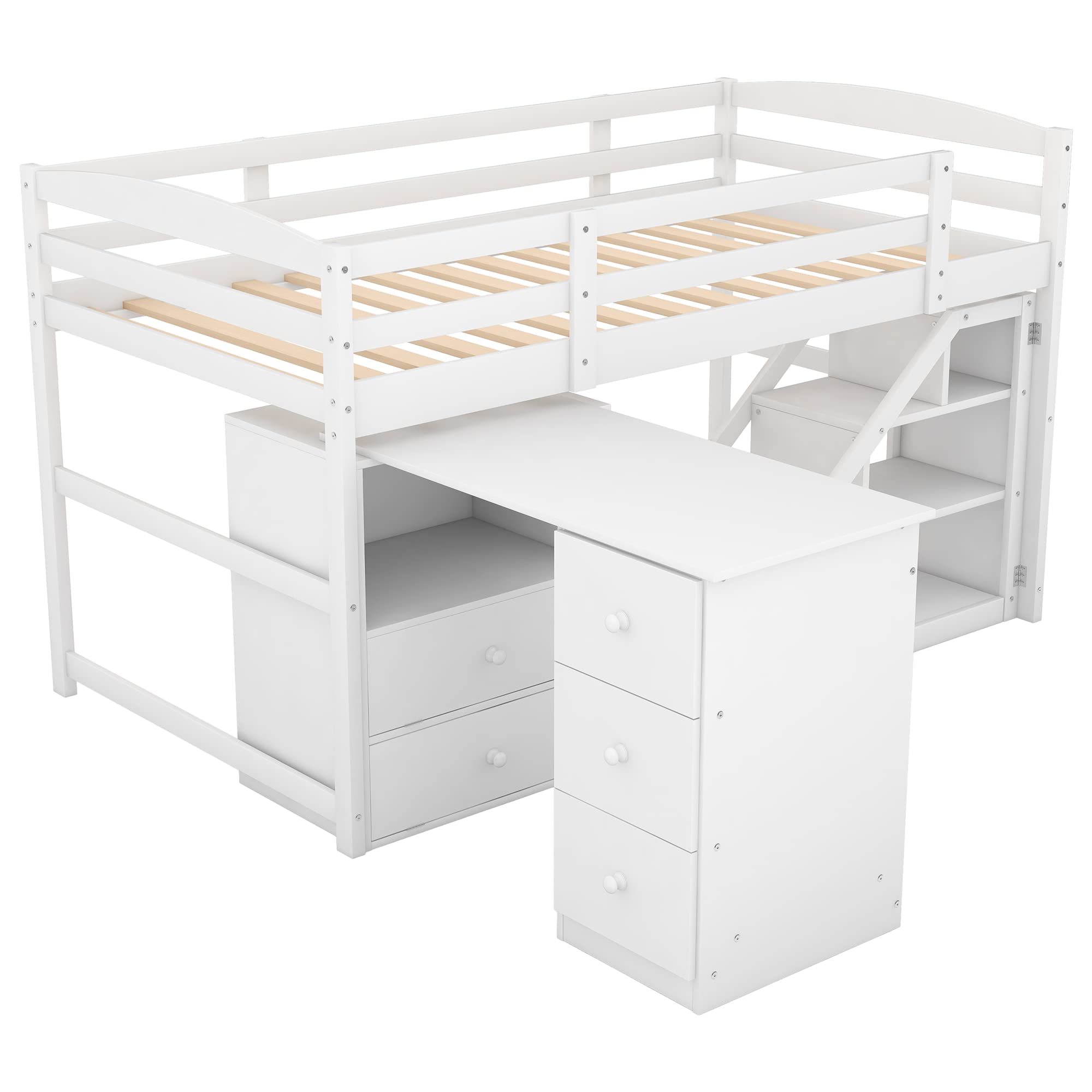 Twin Size Loft Bed with Built-in Desk & Staircase - Space Saving White Wooden Bunk Bed for Kids & Teens - Perfect for Small Bedrooms, Dorms & Studio Apartments