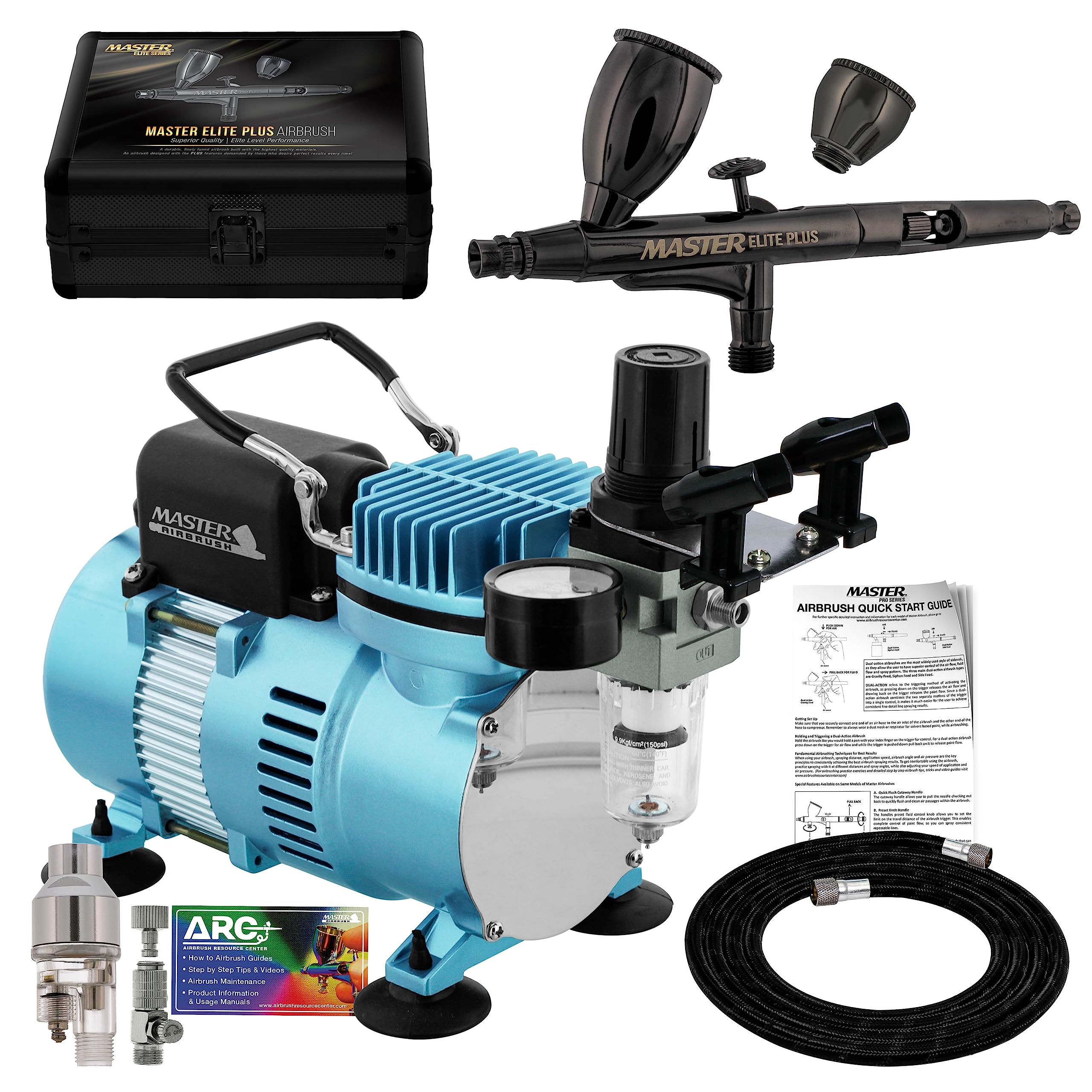 Master Airbrush Cool Runner II Dual Fan Air Compressor Kit with Elite Plus Airbrush Set - 0.3mm Tip, Dual-Action, 2 Cups, Hose & Accessories for Hobby, Auto Painting & Art Projects - Perfect for Model Kits, T-Shirt Design & DIY Crafts